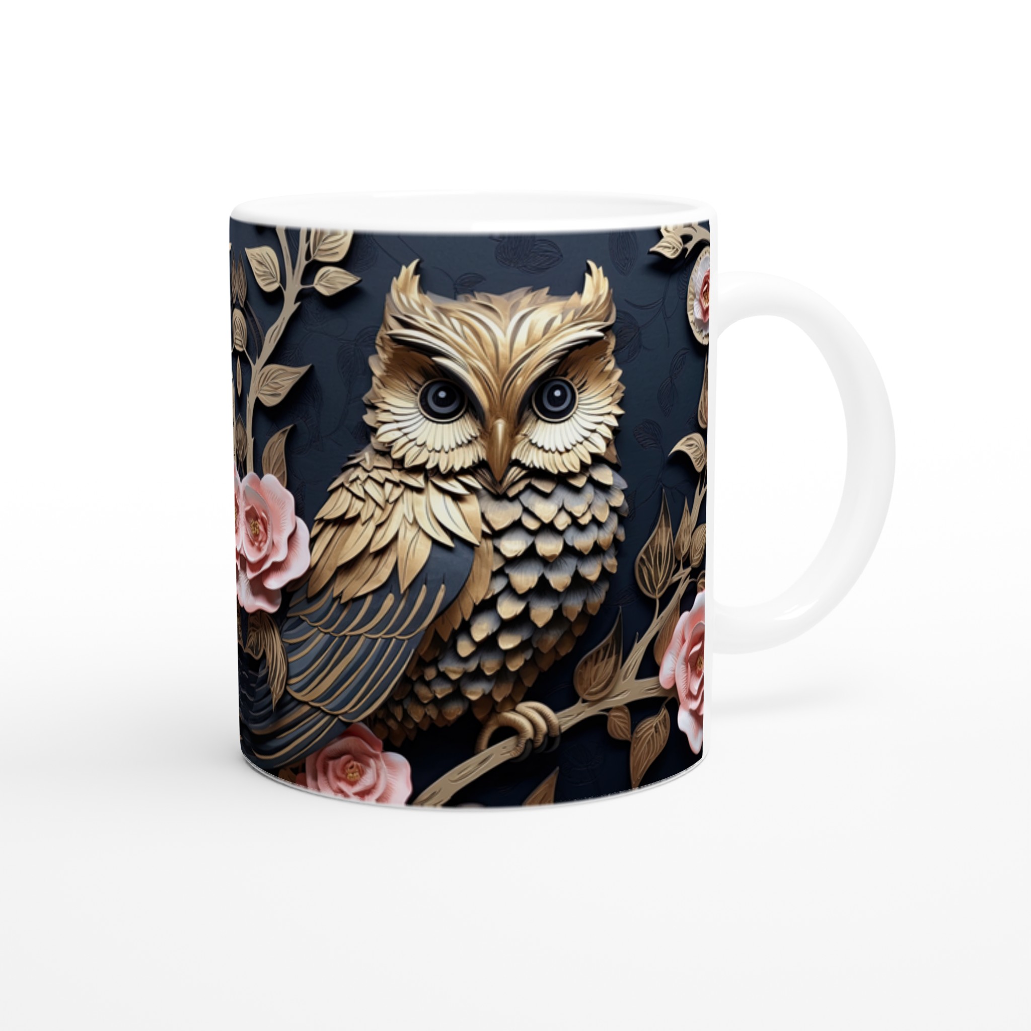 Vit 11oz keramisk mugg med elegant ugglemotiv och rosa blomsterdetaljer – välj din färg 9 01a522a4-0bea-428d-9126-9adeca2cd8e7