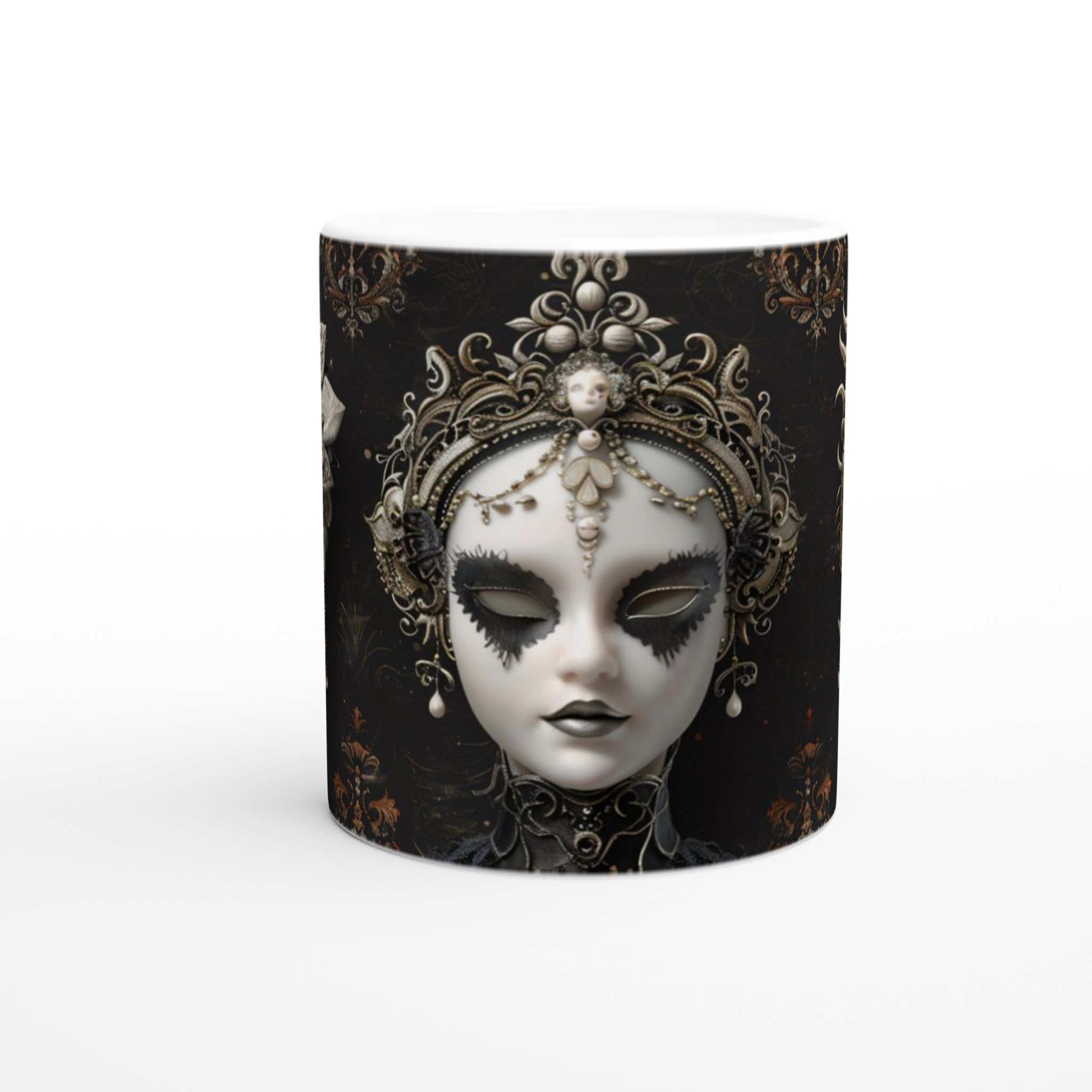 Vit 11oz keramisk mugg med gotiskt maskmotiv – välj din favoritfärg för en dramatisk stil 8 01d6dbcf-0dd7-43ca-9cb7-3e4e21ea1e5d