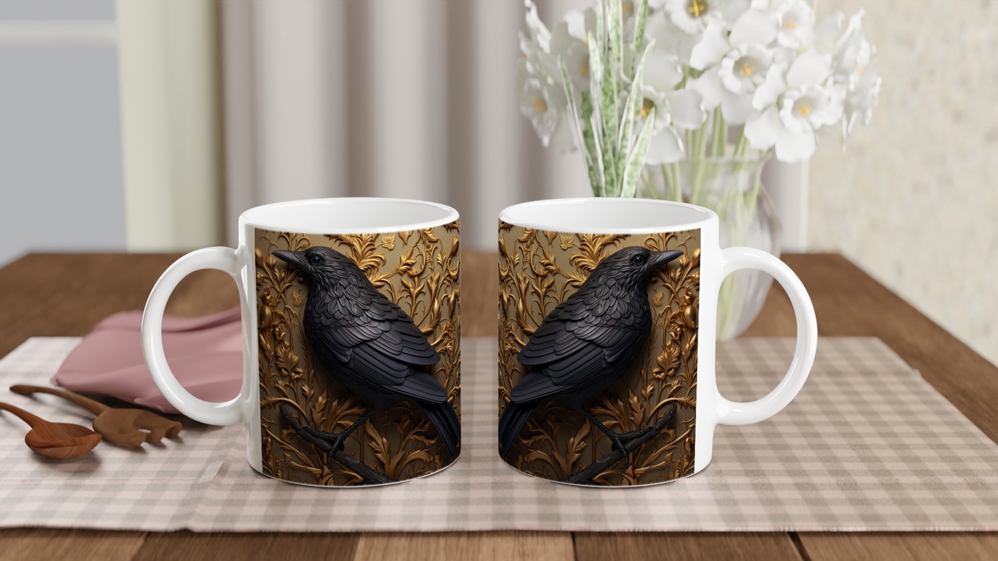 Vit 11oz keramisk mugg med elegant korpdesign i lyxig svart och guld 10 04b0f34a-1f95-41be-afce-edfff57ca25f