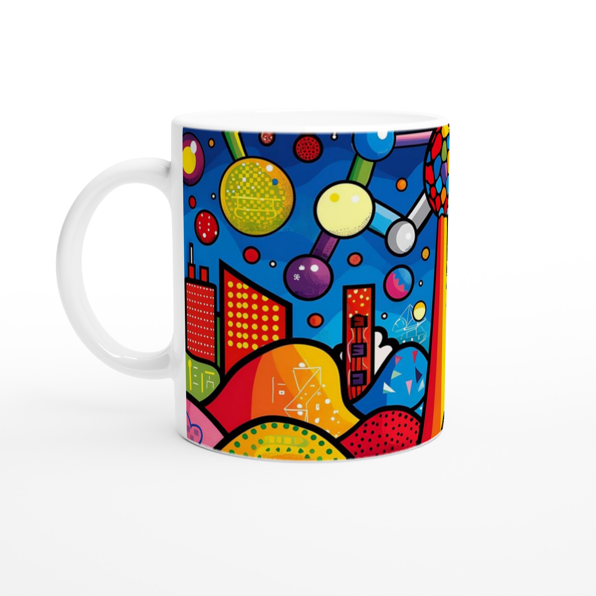 Abstrakt Pop Art Keramikmugg – Färgglad stadsvy & kosmos 11oz 1 0abf4fad-72c6-4acd-922b-02a9aff624ab