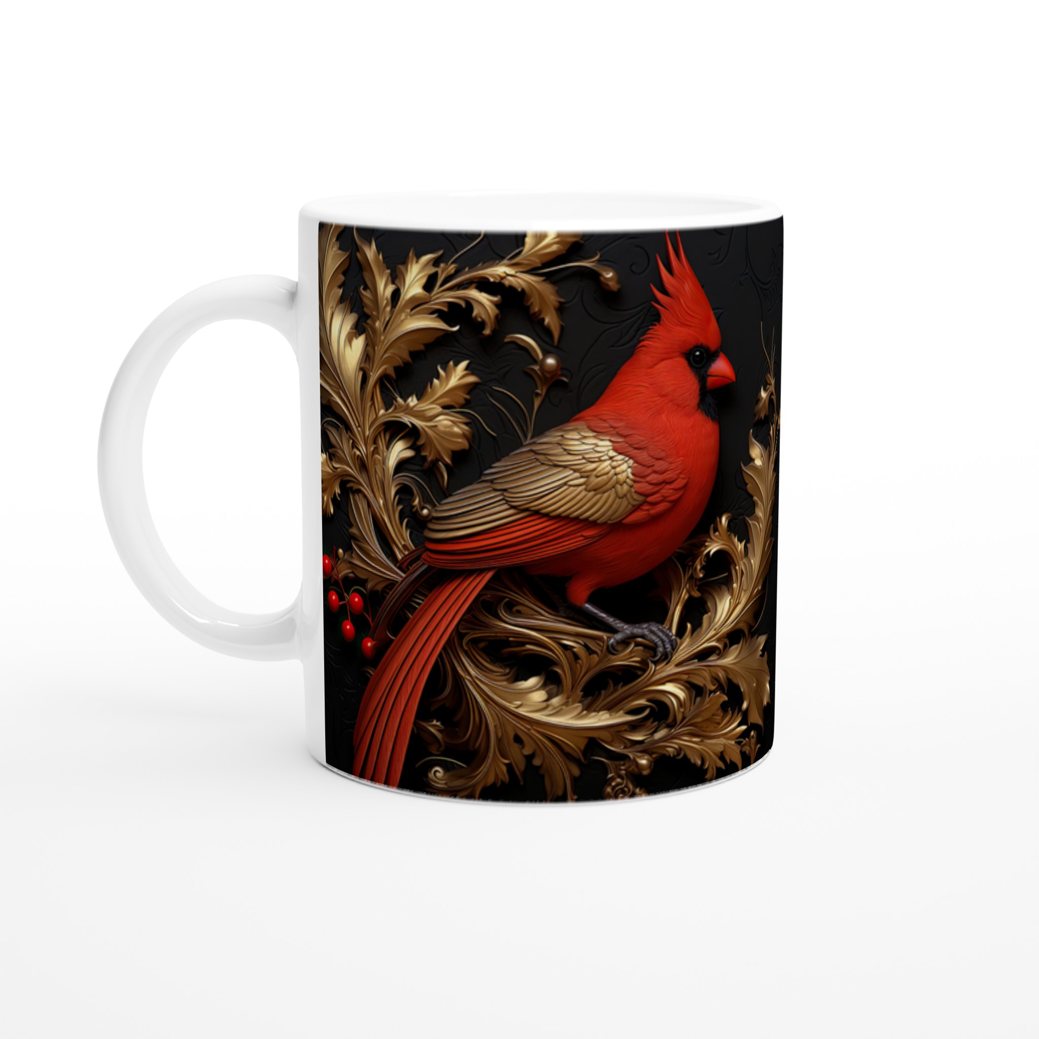 Vit 11oz keramisk mugg med elegant kardinal och gulddetaljer – välj din favoritfärg 1 0c1f8240-1201-41e6-ab3f-3e6ebef06df1