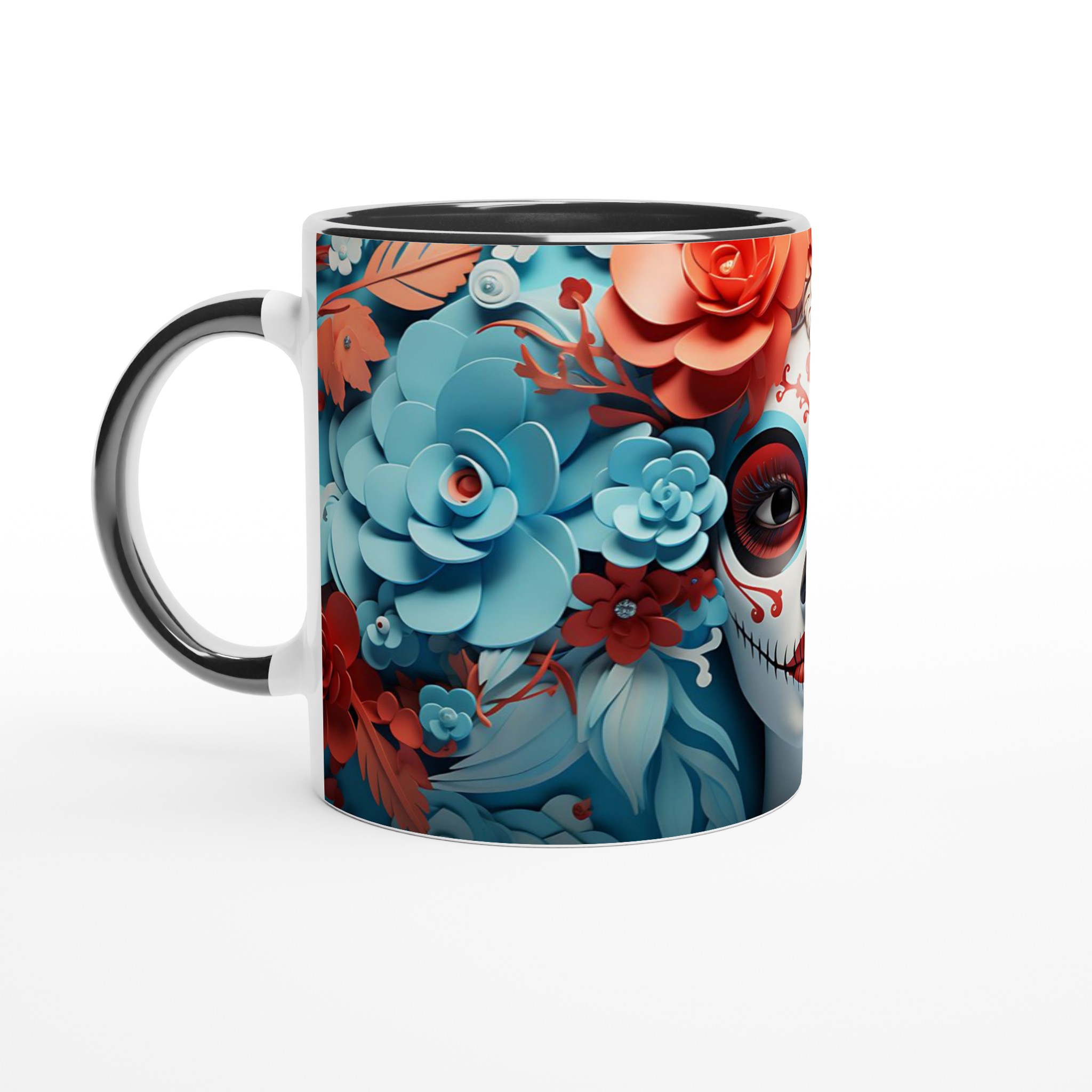 Dia de los Muertos Sugar Skull Mugg - Livlig Design i Blått & Korall, 11oz Keramikmugg för Festliga Stunder 7 0c960a80-902b-481a-82bd-f5b2c10d9d81