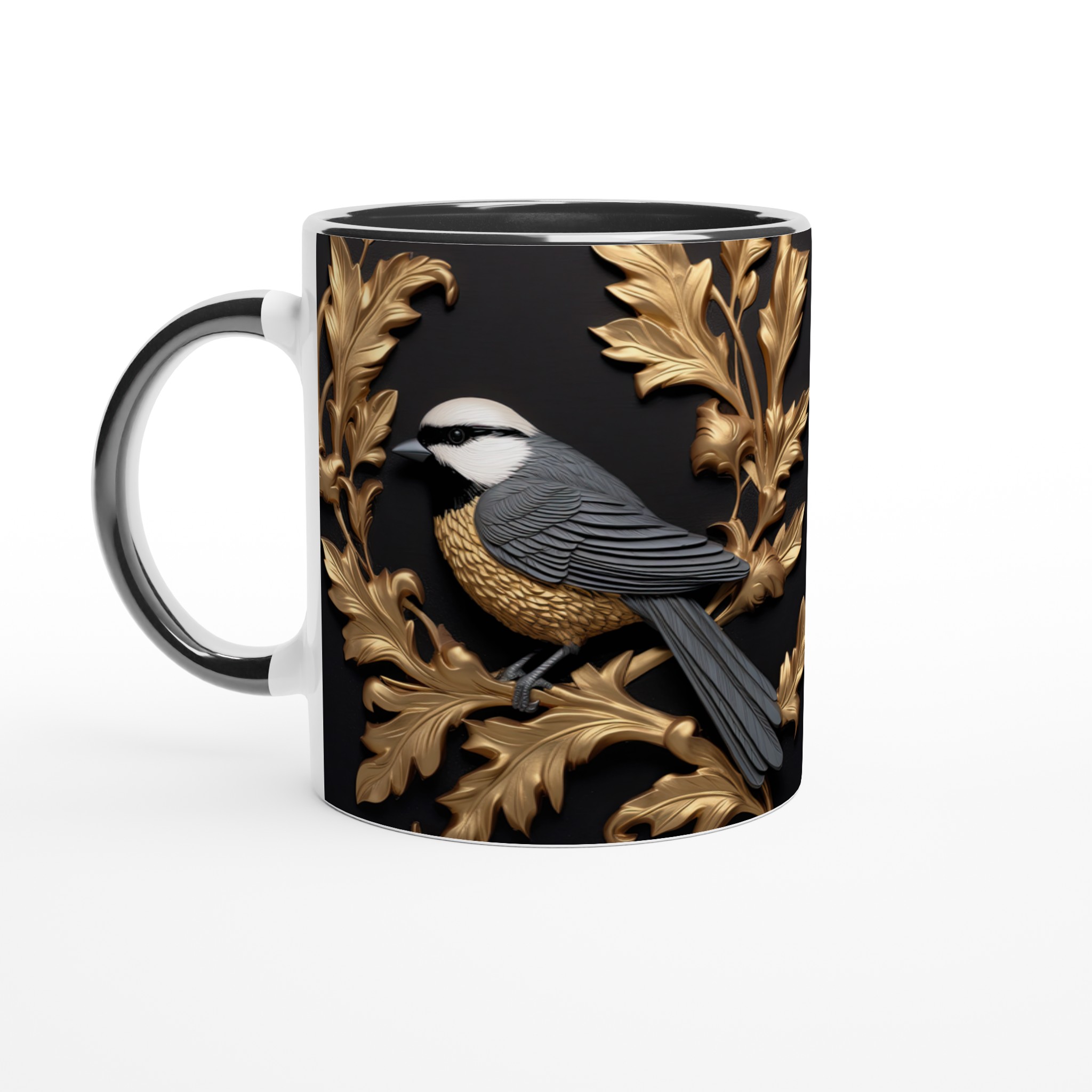 Vit 11oz keramisk mugg med elegant fågel- och lövdesign i guld och grått – välj din favoritfärg 7 0c97515c-7b10-4de5-91da-a337b933abd0