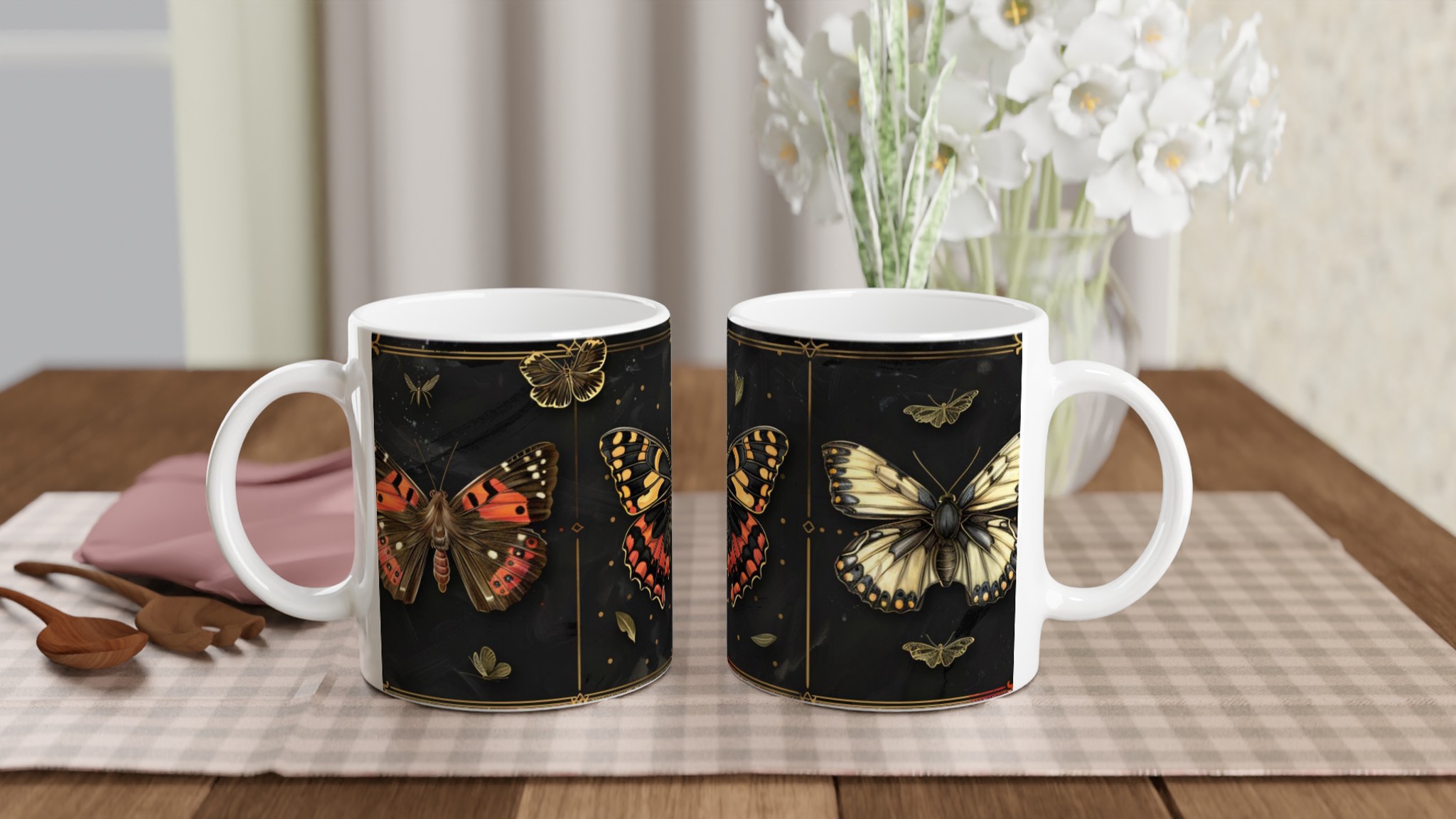 Vit 11oz keramisk mugg med elegant fjärilsdesign i sofistikerade färger 11 0df52b7e-8b6f-494e-9c6d-c337dcb08c30