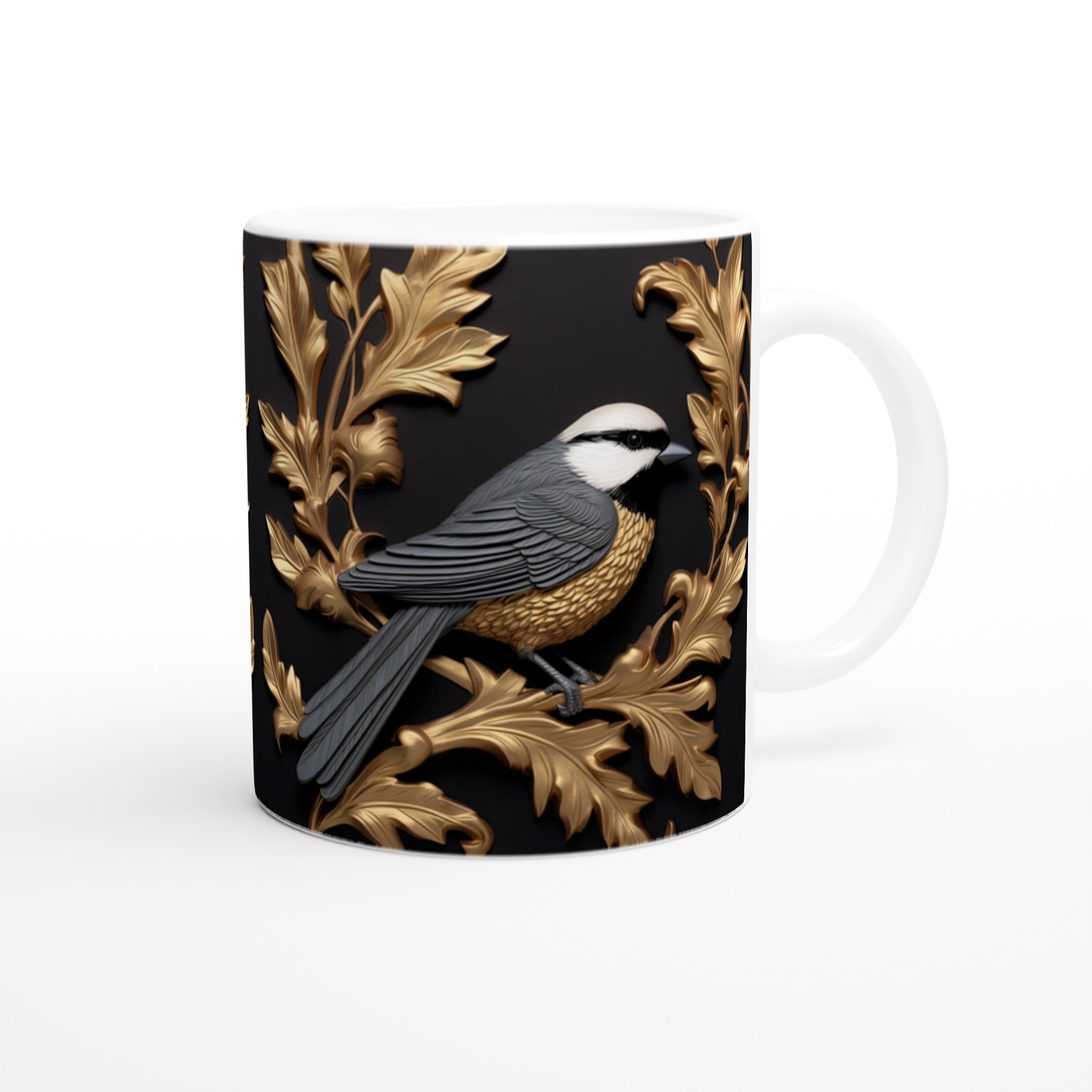 Vit 11oz keramisk mugg med elegant fågel- och lövdesign i guld och grått – välj din favoritfärg 9 0e17b406-f8df-46b4-9635-634fa41baecd