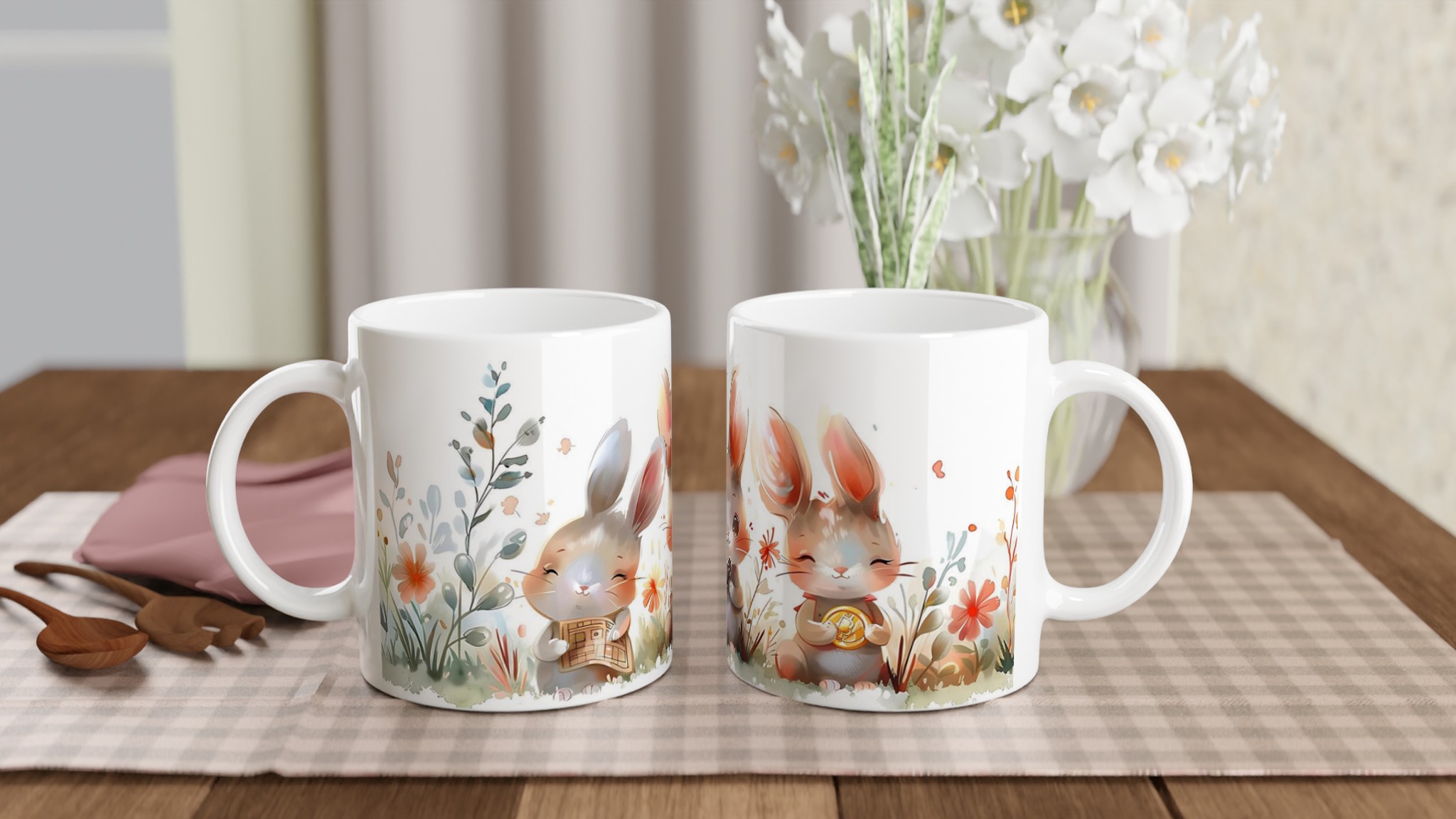 Söta kaniner i blomsteräng – 11oz keramisk mugg för barn och djurälskare i flera färger 10 104e2ba6-320a-4b6d-a484-0bce712866b1