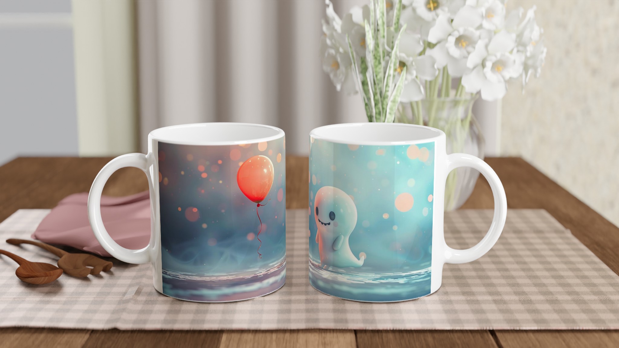 Söt Spöke med Ballong – Vit 11oz Keramisk Mugg för Glädje och Färg 10 1171831e-1ae3-41ef-9b89-d930cd92dcb1