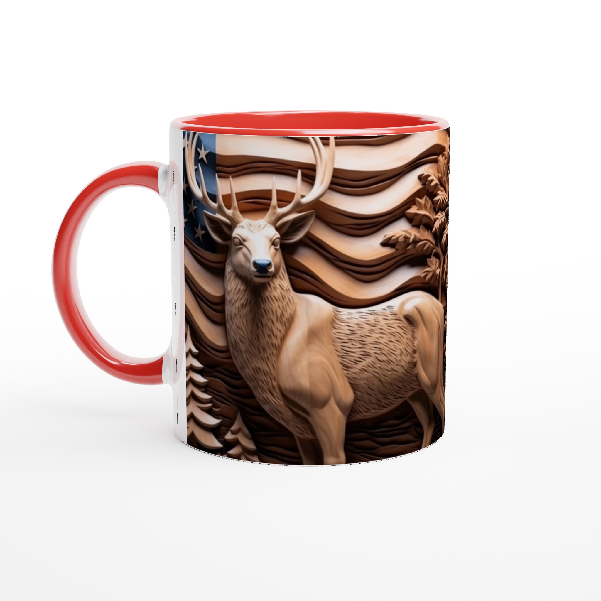 Jaktinspirerad Keramikmugg - Skogsdesign med Rådjur & Amerikanska Flaggan i Träsnittsstil, Välj din färg! 2 11aad5fe-99f9-4294-bd5d-c951030eba7b