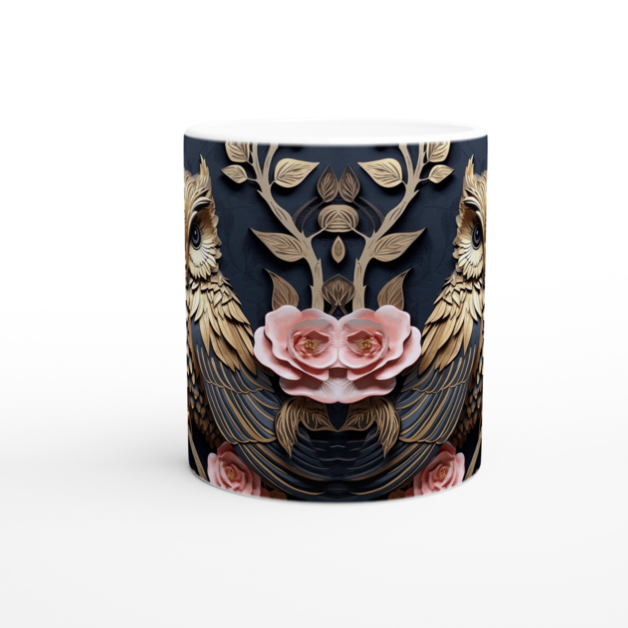 Vit 11oz keramisk mugg med elegant ugglemotiv och rosa blomsterdetaljer – välj din färg 8 135b781c-c820-4cd3-8561-05664db8292a