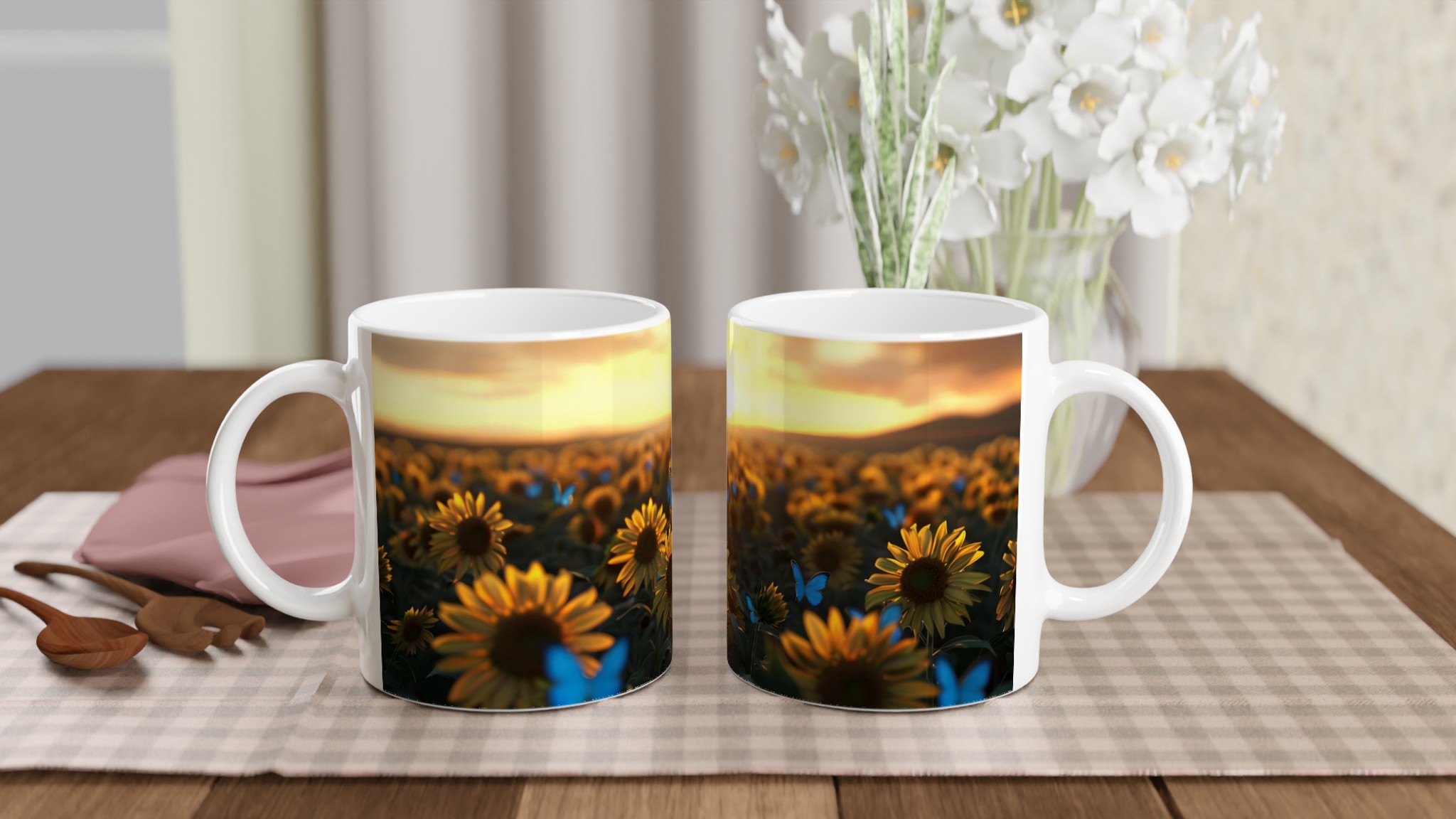 Solrosfält vid solnedgången 11oz Keramisk Mugg – Drömmer om ljusblå fjärilar 10 13fd7d3f-abaf-49b3-87ae-b44d96fd11c4