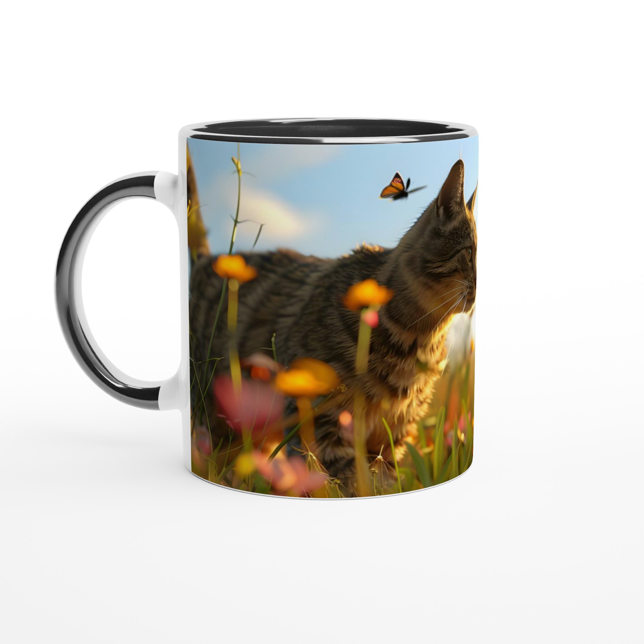 Katt bland sommarblomster – Vit 11oz keramikmugg i ditt val av sju livfulla färger 7 144ac476-164d-4e87-8208-ea61f4a0800c