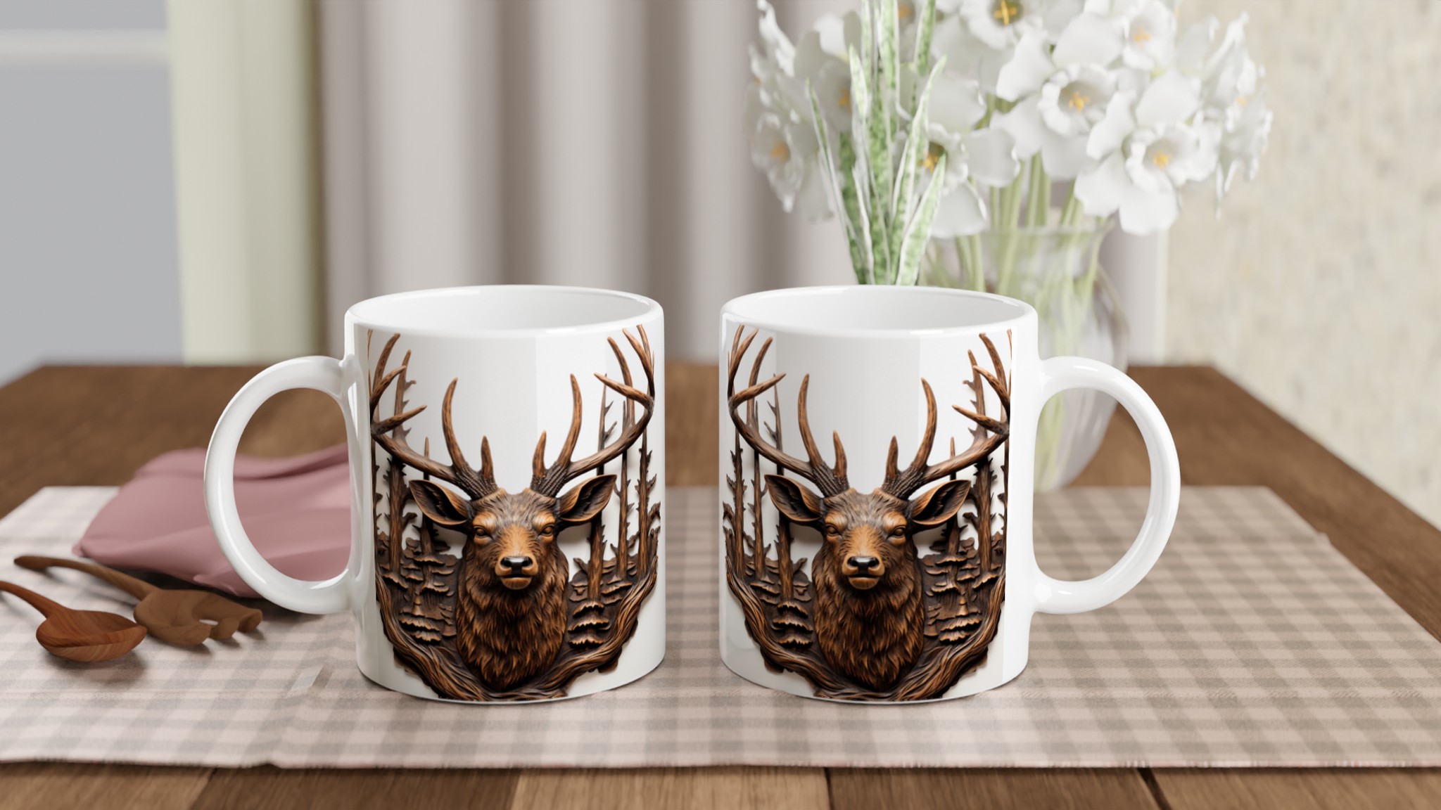 Majestätisk Rådjursmugg i Träsnittsstil – 11oz Keramikmugg i Valfri Färg 10 15857fa2-41d1-4c59-b04c-f370c1fbdc7d