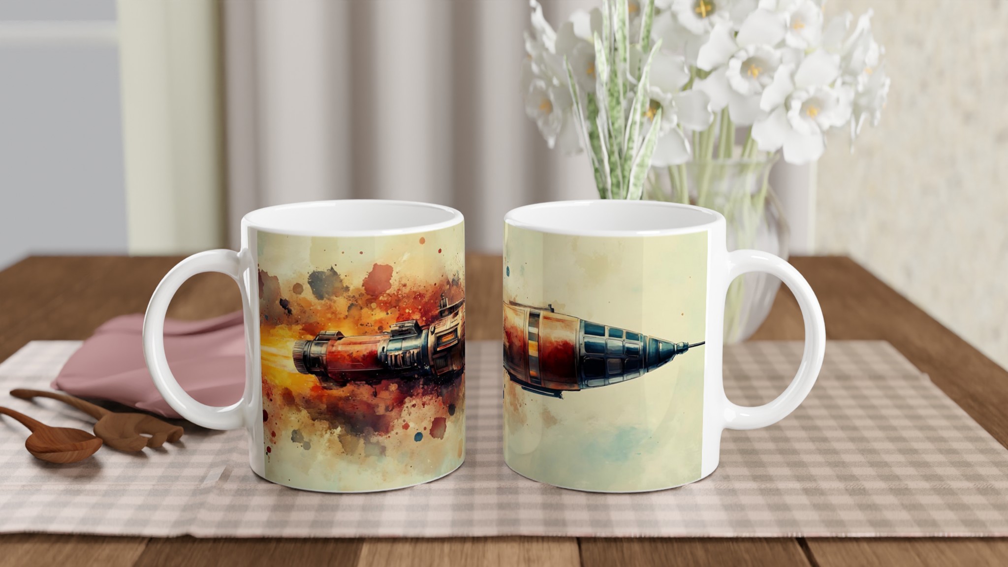 Kosmiskt äventyr kaffemugg – Färgstark akvarell rymdraket i din favoritfärg 10 17873663-32f2-4c6d-a6b4-2f3737521534