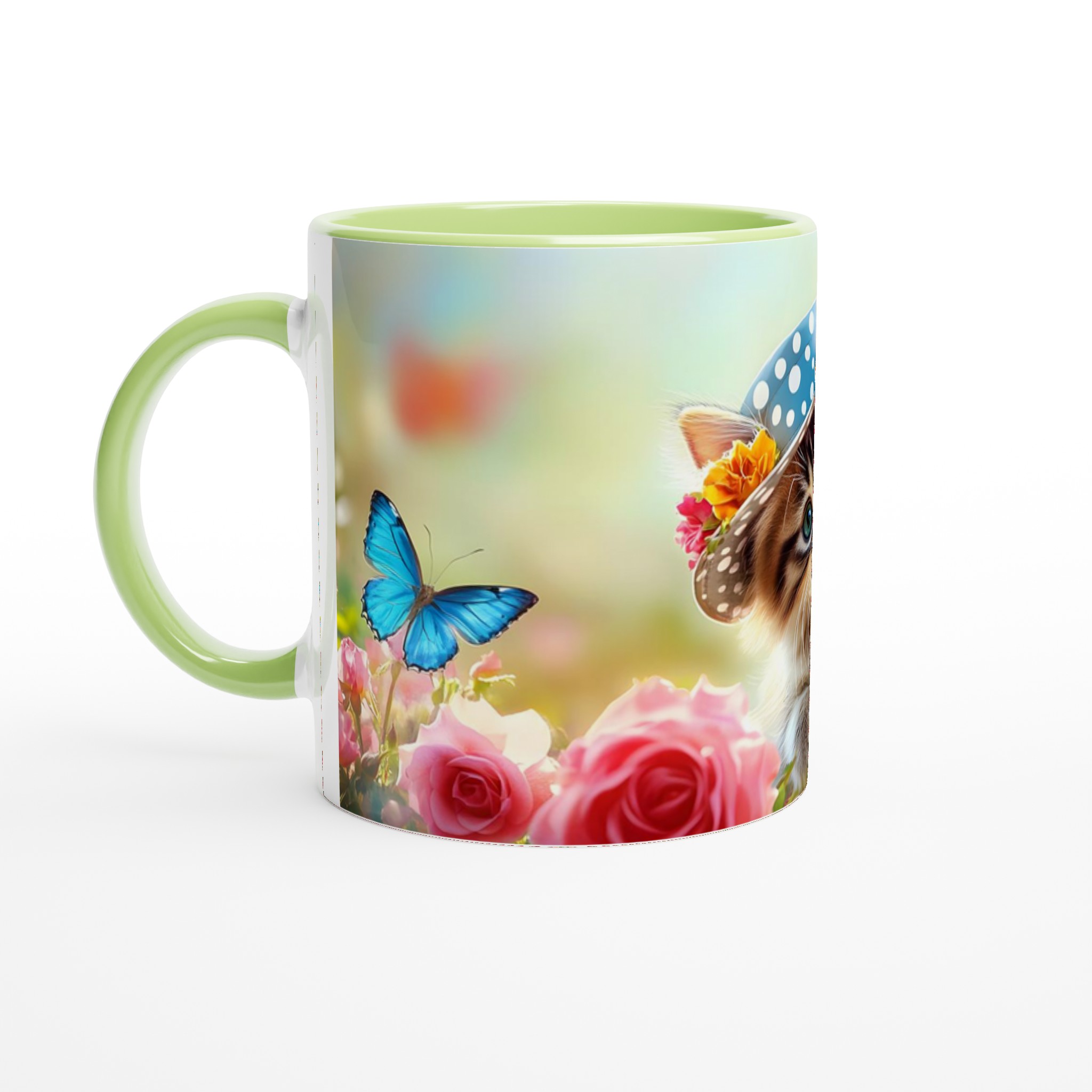 Söt kattunge i trädgård keramisk mugg – charmiga blommor och fjärilar – Välj din favoritfärg! 3 17efdd24-40ce-4eec-89c6-e9fe28eeb74e