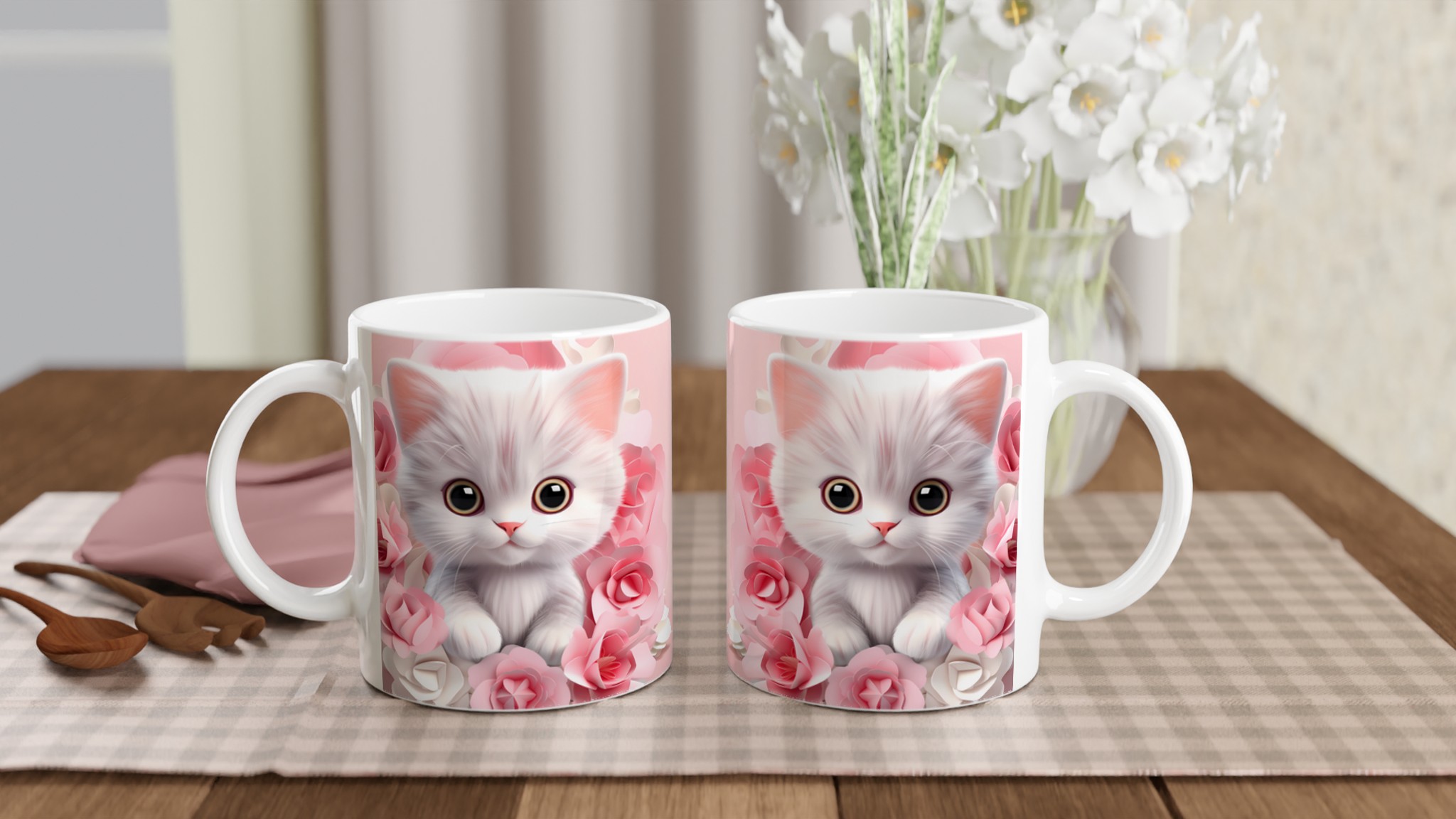 Söt kattunge & rosblommor 11oz Keramisk Mugg – Välj din färg 10 1804fa3d-8835-4aba-aca8-b1f2fe6656e8