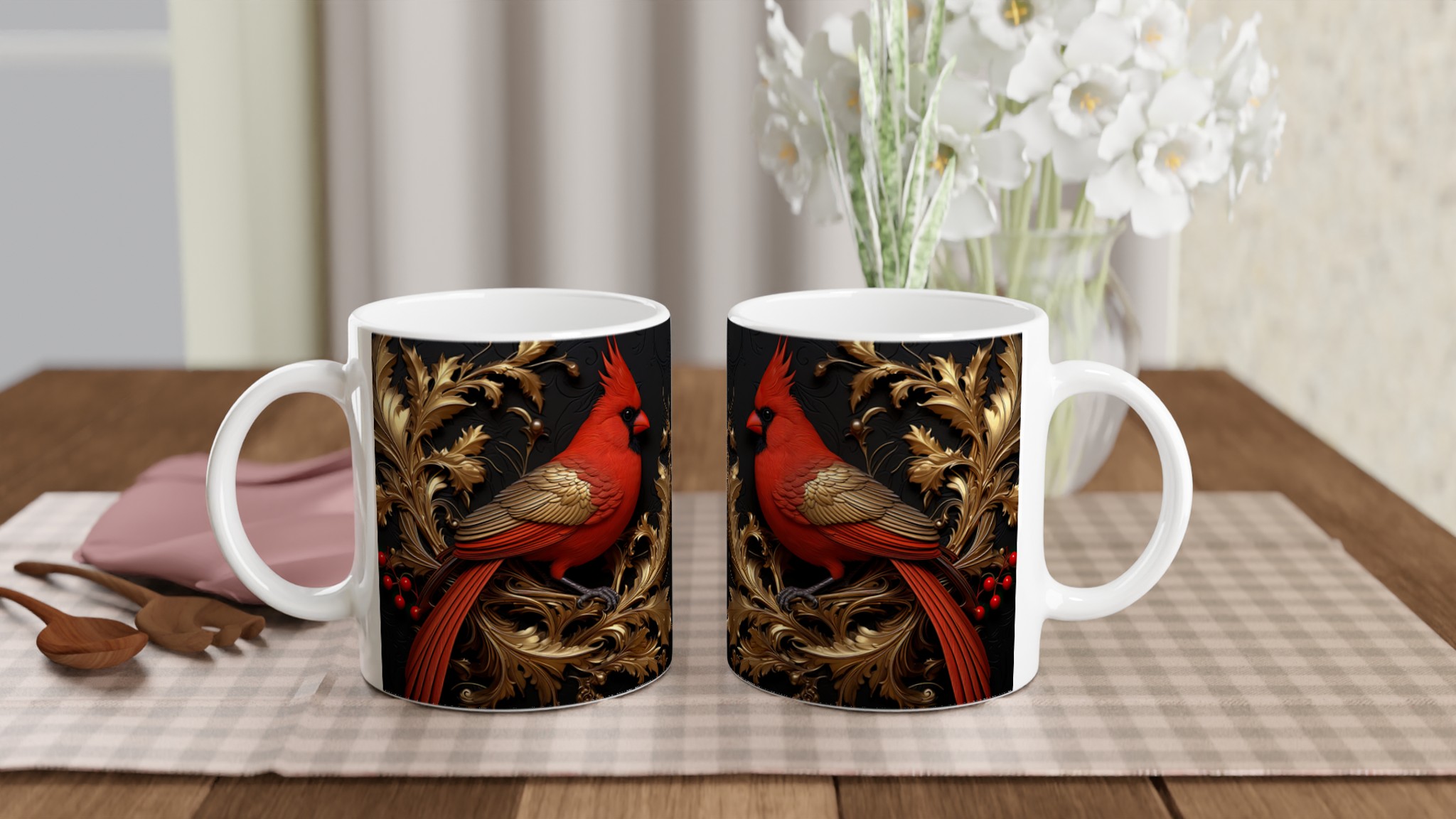 Vit 11oz keramisk mugg med elegant kardinal och gulddetaljer – välj din favoritfärg 10 19859407-ce46-41f6-8eff-3002982728fc