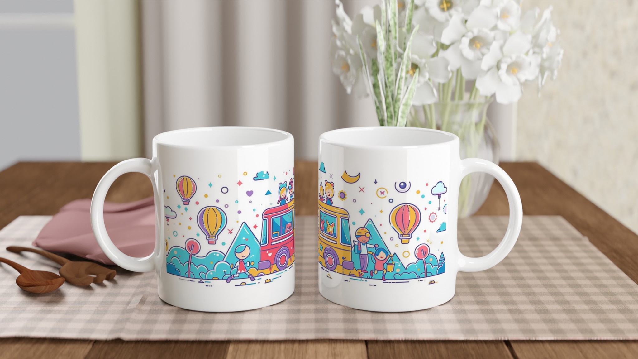 Äventyrsmugg: Lekfulla figurer & ballonger i pastellfärger – 11 oz keramikmugg för kaffe och te 11 19a03341-a633-4d60-98a5-e6b8c580931a