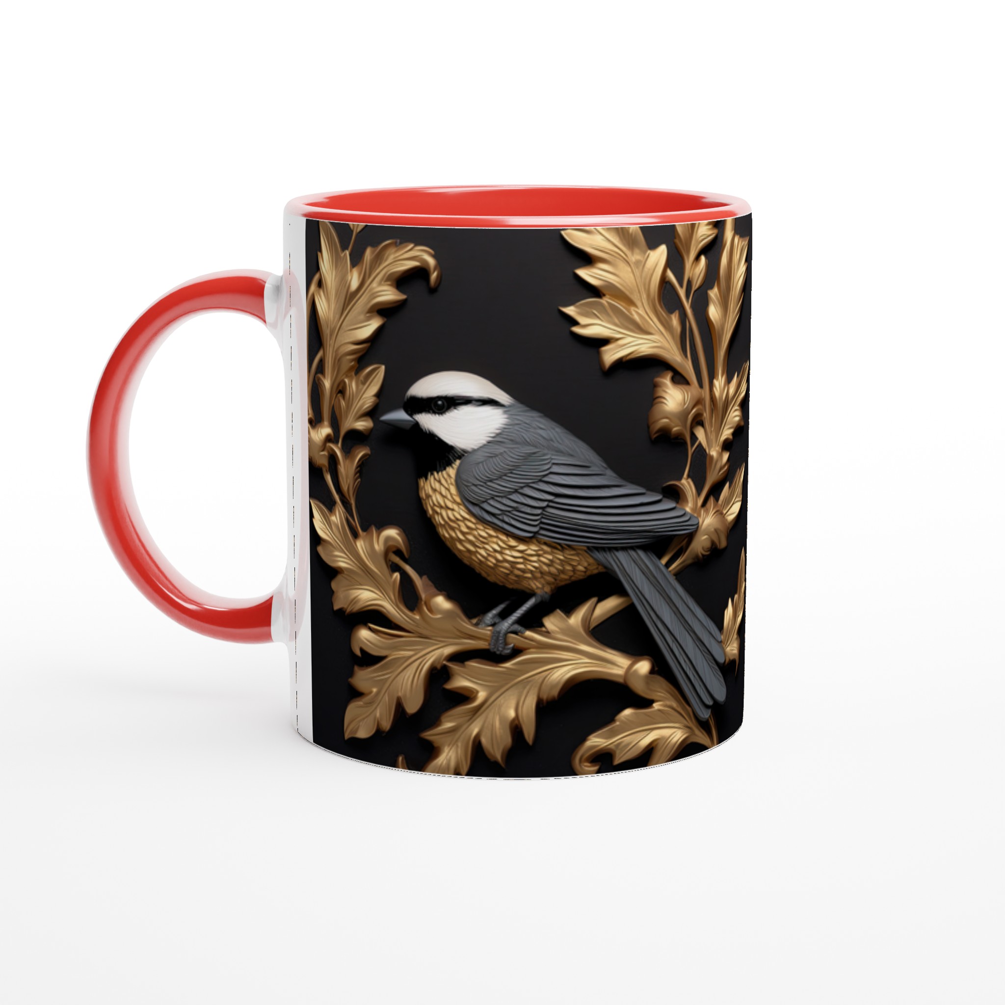 Vit 11oz keramisk mugg med elegant fågel- och lövdesign i guld och grått – välj din favoritfärg 2 19e5f5c3-0e6a-4a8e-b98e-b3863262ec38