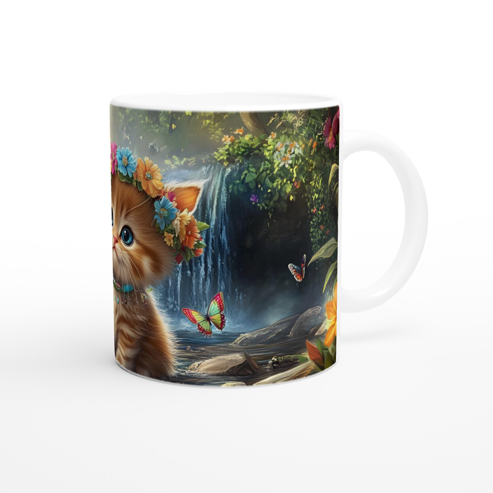 Söt kattunge med blomsterkrans – 11 oz keramisk mugg för kaffeälskare, välj din färg! 9 1a936cdb-1c8c-4231-a24a-37d519ce282b