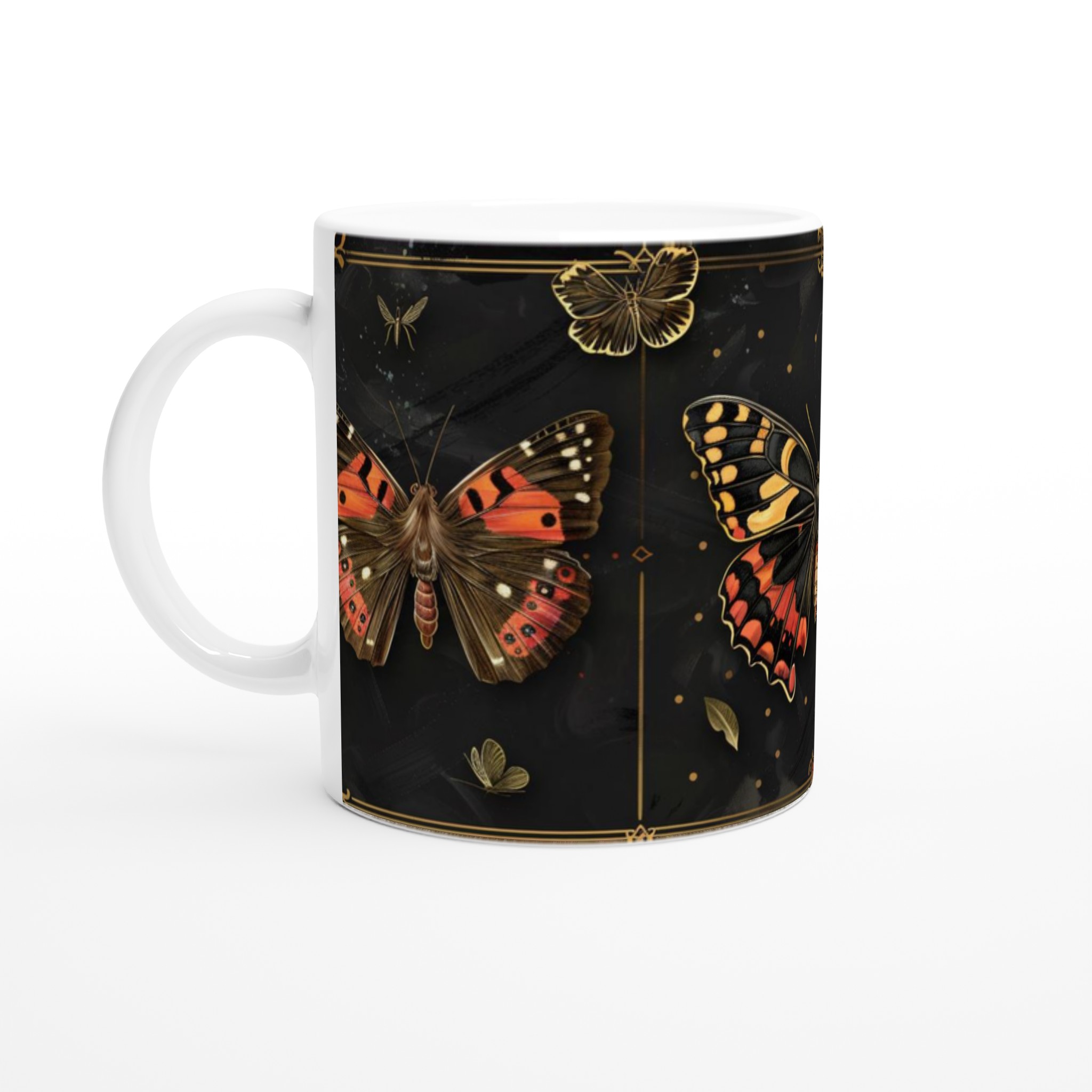 Vit 11oz keramisk mugg med elegant fjärilsdesign i sofistikerade färger 1 1bc31fc0-7009-461a-94c4-2ee440b5ea2c