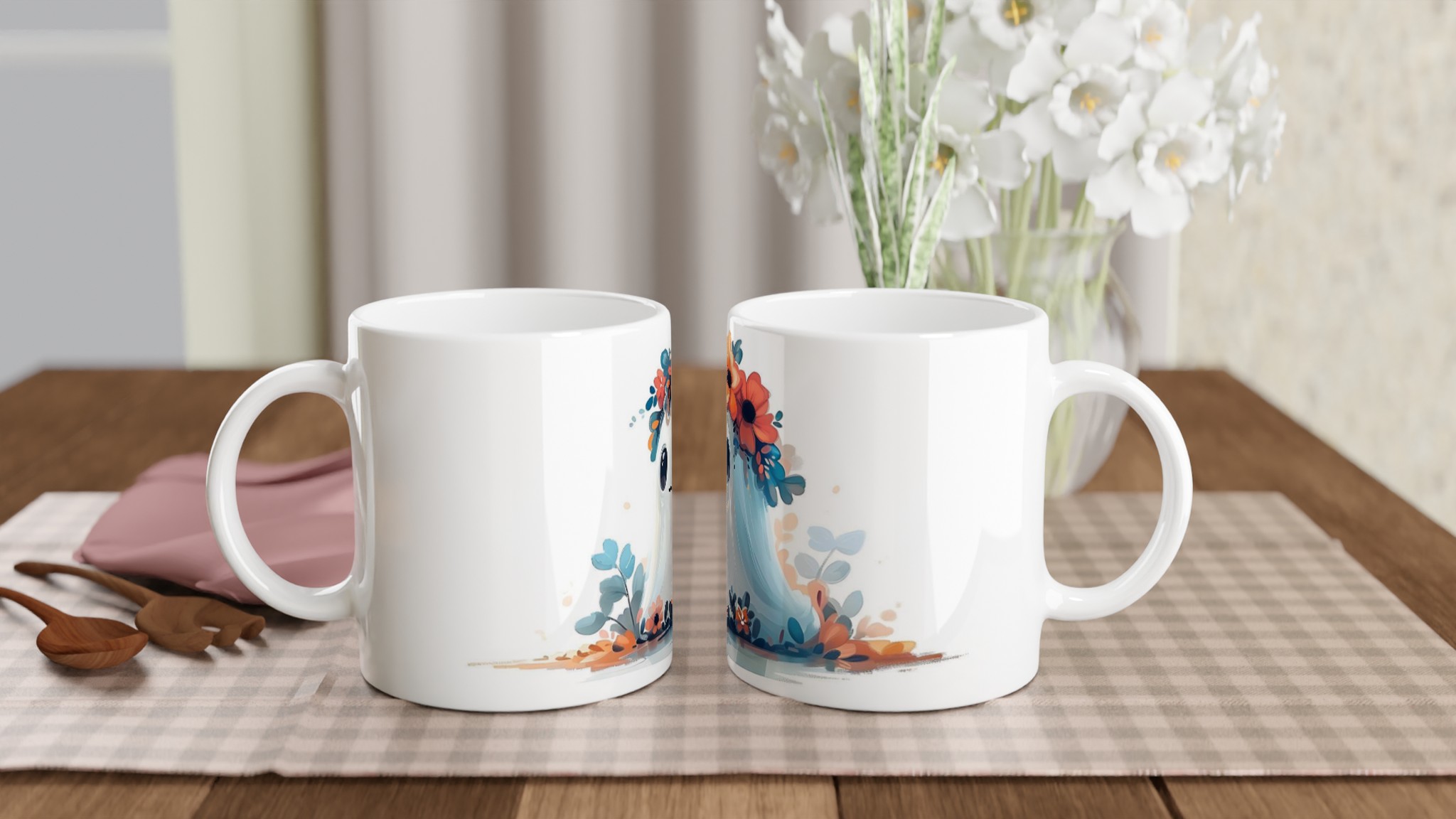 Söt Spöke i Blomsterkrans 11oz Keramikmugg – Perfekt för Varma Drycker & Hemtrevnad 10 1d375c86-5271-403d-b220-87e1517e1f8a