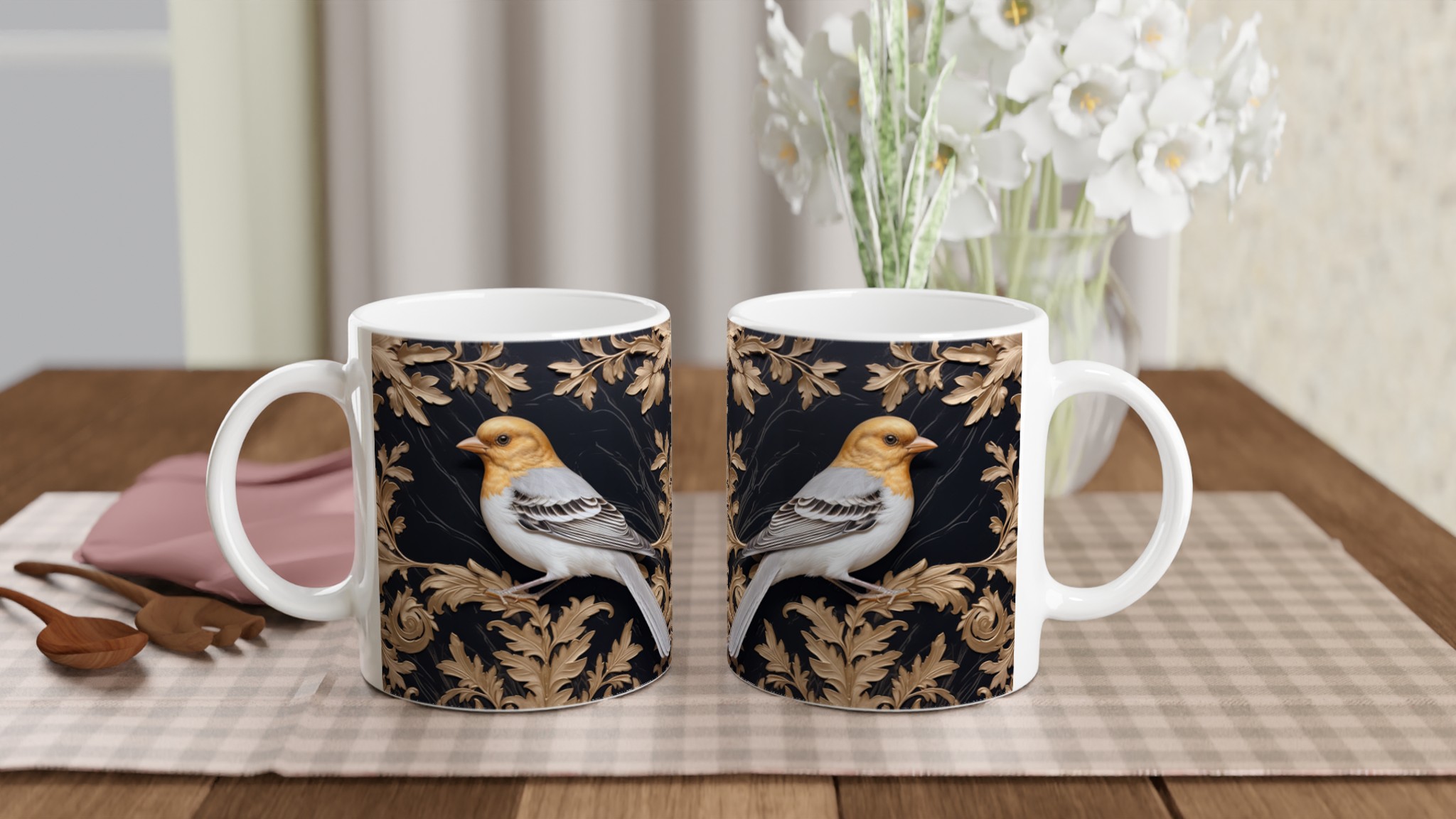 Lyxig Fågelkonst Mugg – 11 oz Keramisk Kaffemugg med Gyllene Bladverk, Välj bland 7 Eleganta Färger 10 21644ff7-a337-480d-b89a-a7ac60079f6a