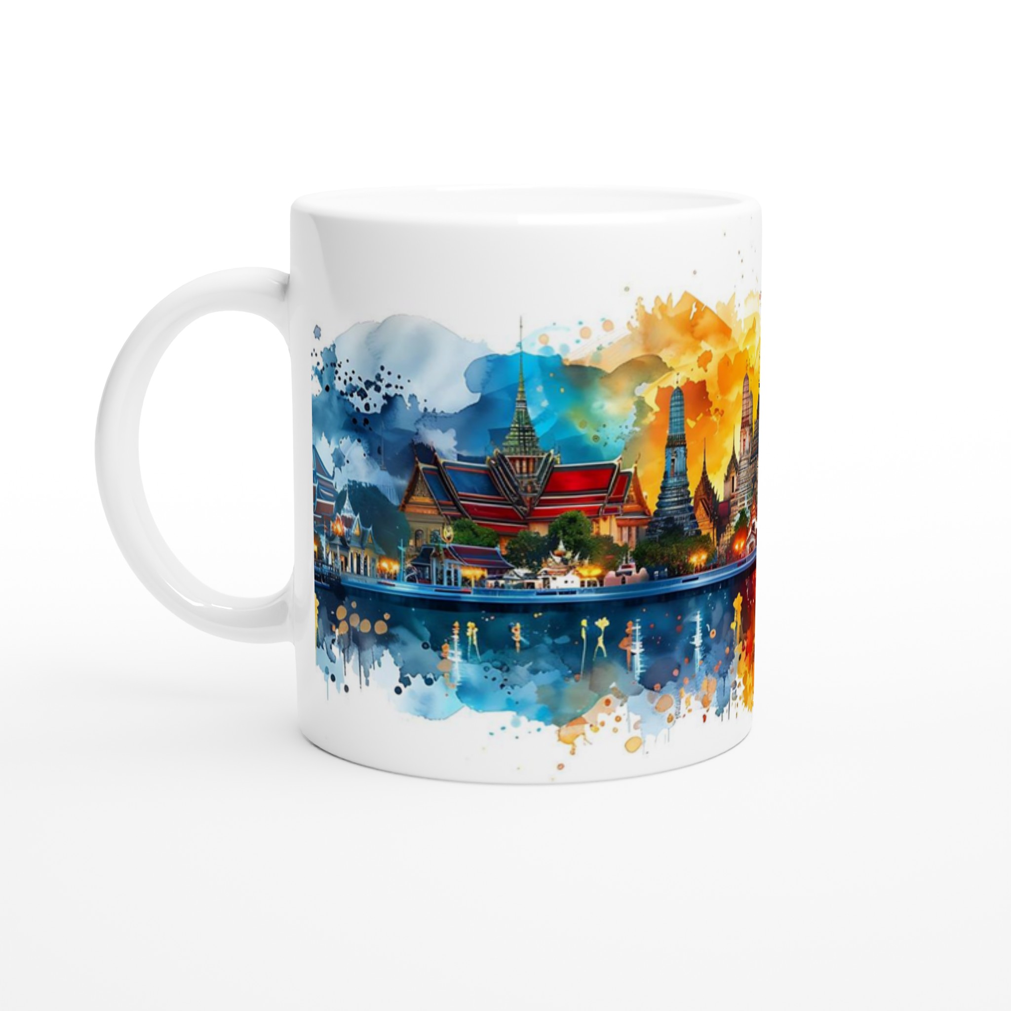 Bangkok Temples Vattenfärgsmugg – 11oz Keramisk Mugg med Vibrerande Thailändsk Silhuett 1 263b35de-d9ba-436f-a155-2603d7e63023
