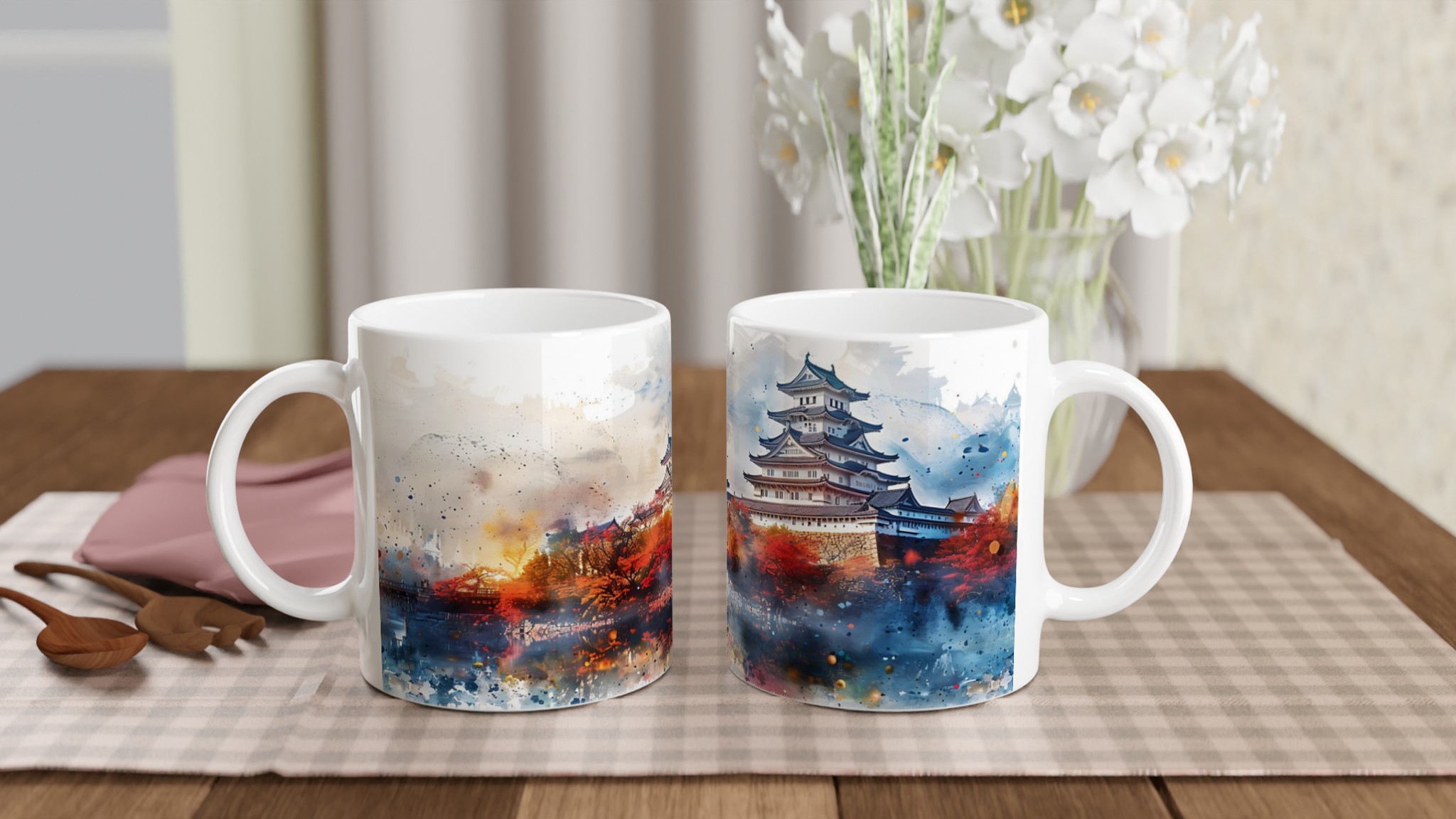 Japansk Akvarell Mugg - Klassiskt Slott & Höstfärger på 11oz Keramik, Välj Färg! 10 266f5cc5-6cf5-453c-a179-c0a0ed5109fd