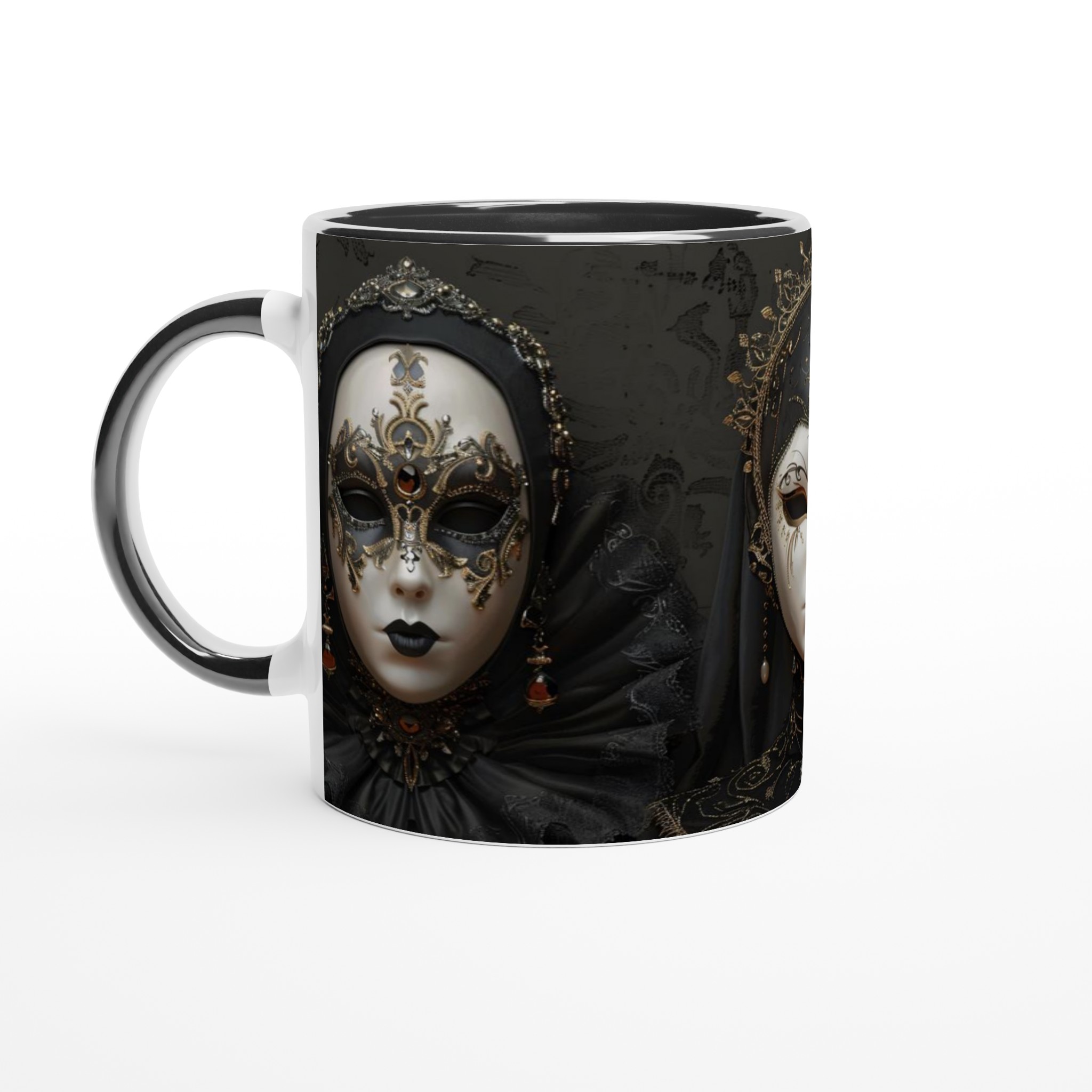 Vit 11oz keramisk mugg med dramatiskt venetianskt maskmotiv i elegant svart och guld 7 28c6013d-cd8d-49ea-a4af-a9e92175a596