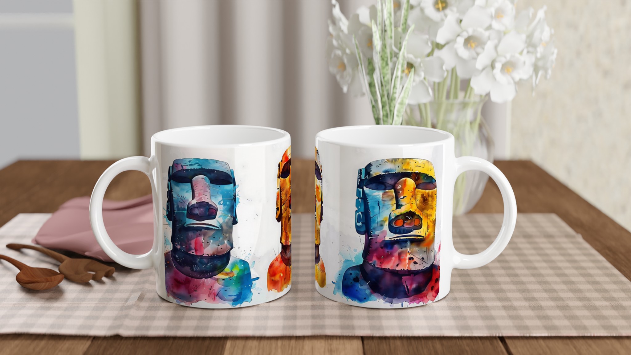 Moai-inspirerad Keramikmugg – Konstnärlig Akvarellstil i Valfri Färg 10 2969a152-acfe-47b0-bd82-422f33425244