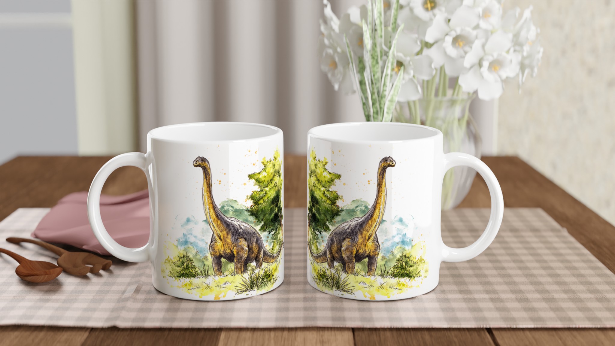 Dinosaurie Vattenfärg Mugg - Brachiosaurus i Grönt Landskap | 11oz Keramikmugg i Valfri Färg 10 2aa814db-a0b7-4120-9be4-9fbcc6dfdde3