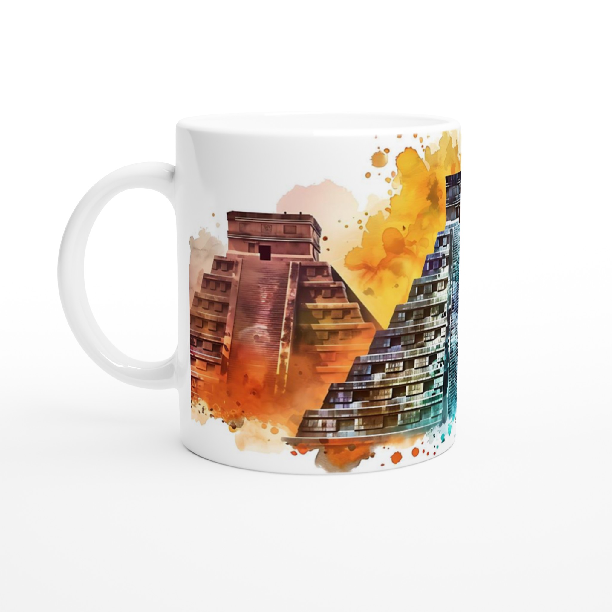 Mångfärgad Maya Pyramider 11oz Keramikmugg – Konstnärligt Vattenfärgsuttryck 1 2def3cad-55f5-42af-bd22-7c80d2091e51