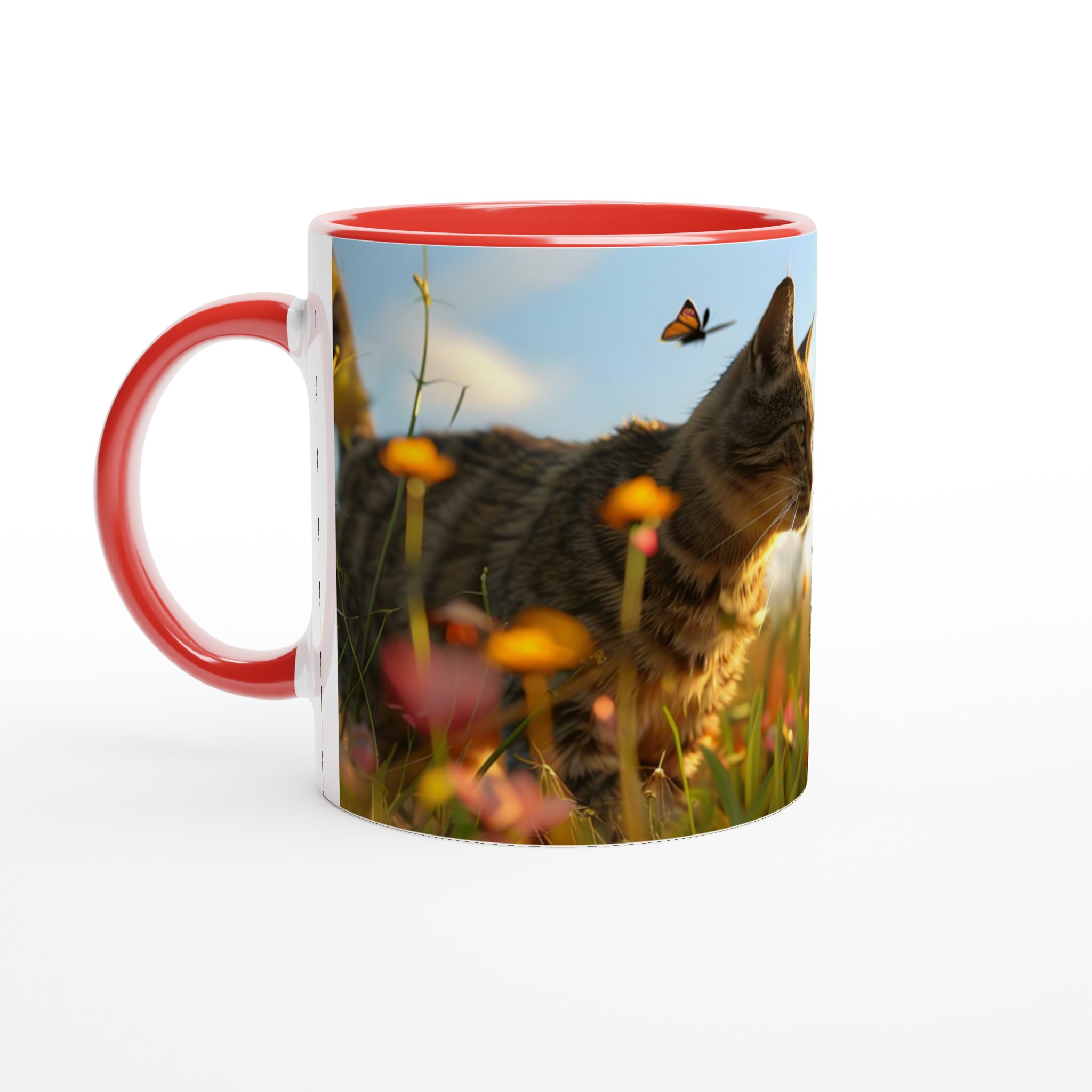 Katt bland sommarblomster – Vit 11oz keramikmugg i ditt val av sju livfulla färger 2 2e615132-67f3-4284-8f5f-cce469daf8a9