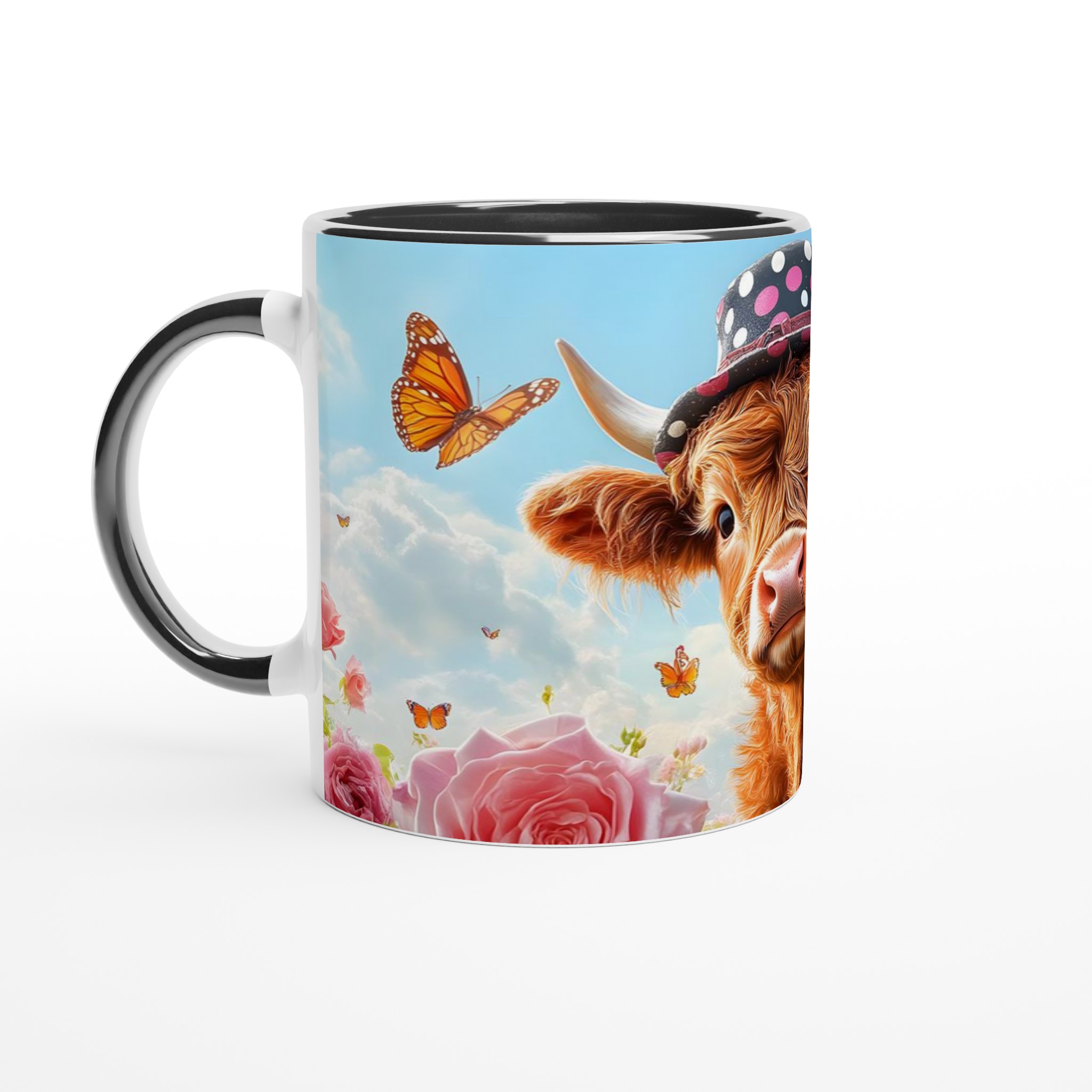 Charmig Highland Ko Mugg - Söt Djurdesign med Rosa Rosor och Fjärilar, i Ditt Val av Keramiska Färger 7 30decb2b-1082-41cf-a727-9f9864fe6d1d
