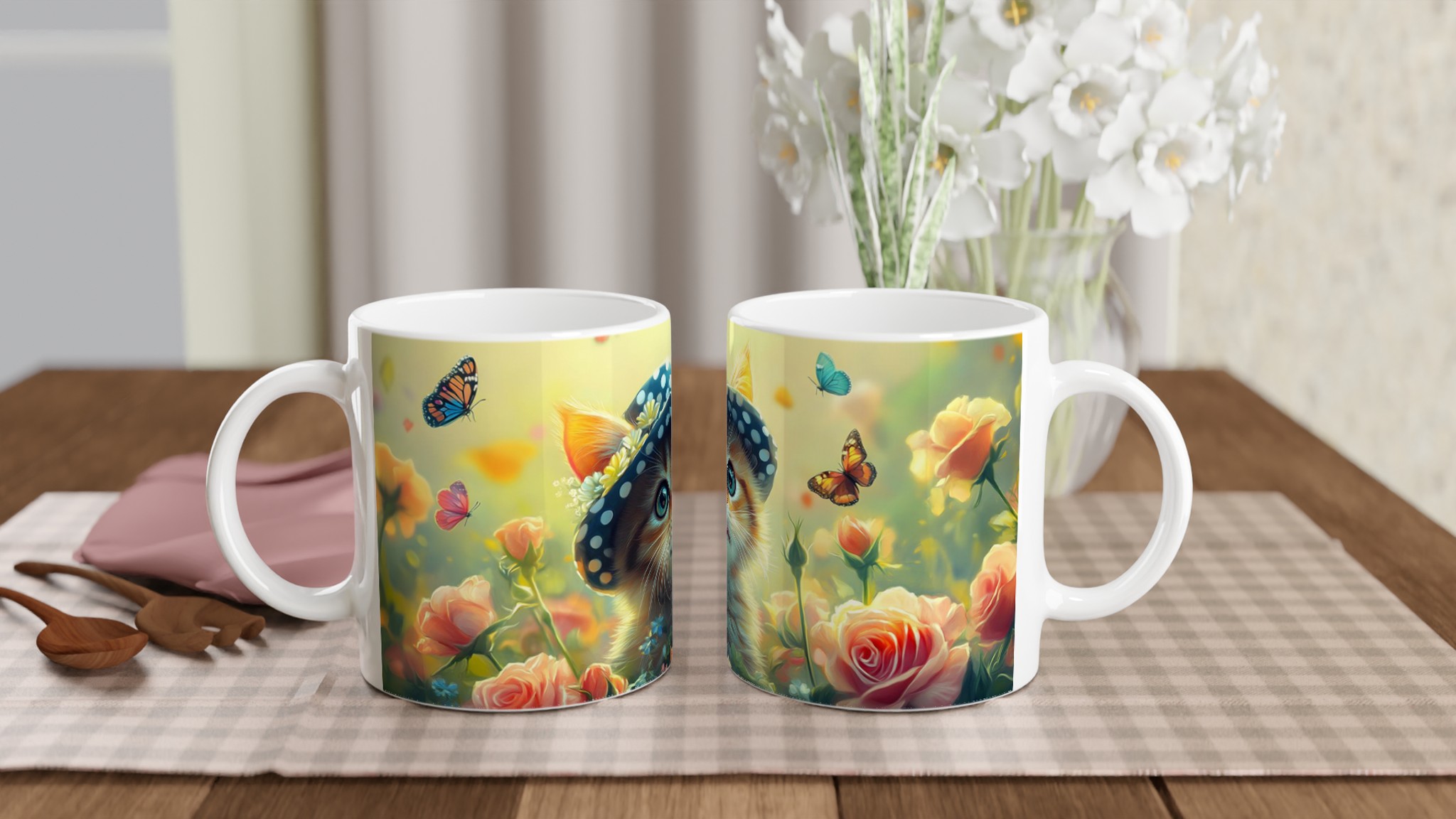 Söt kattunge i hatt & blommor 11oz Keramisk Mugg – Drömscen i Pastell – Välj din färg! 10 34d4ec64-102c-4468-a320-079fa10accf0