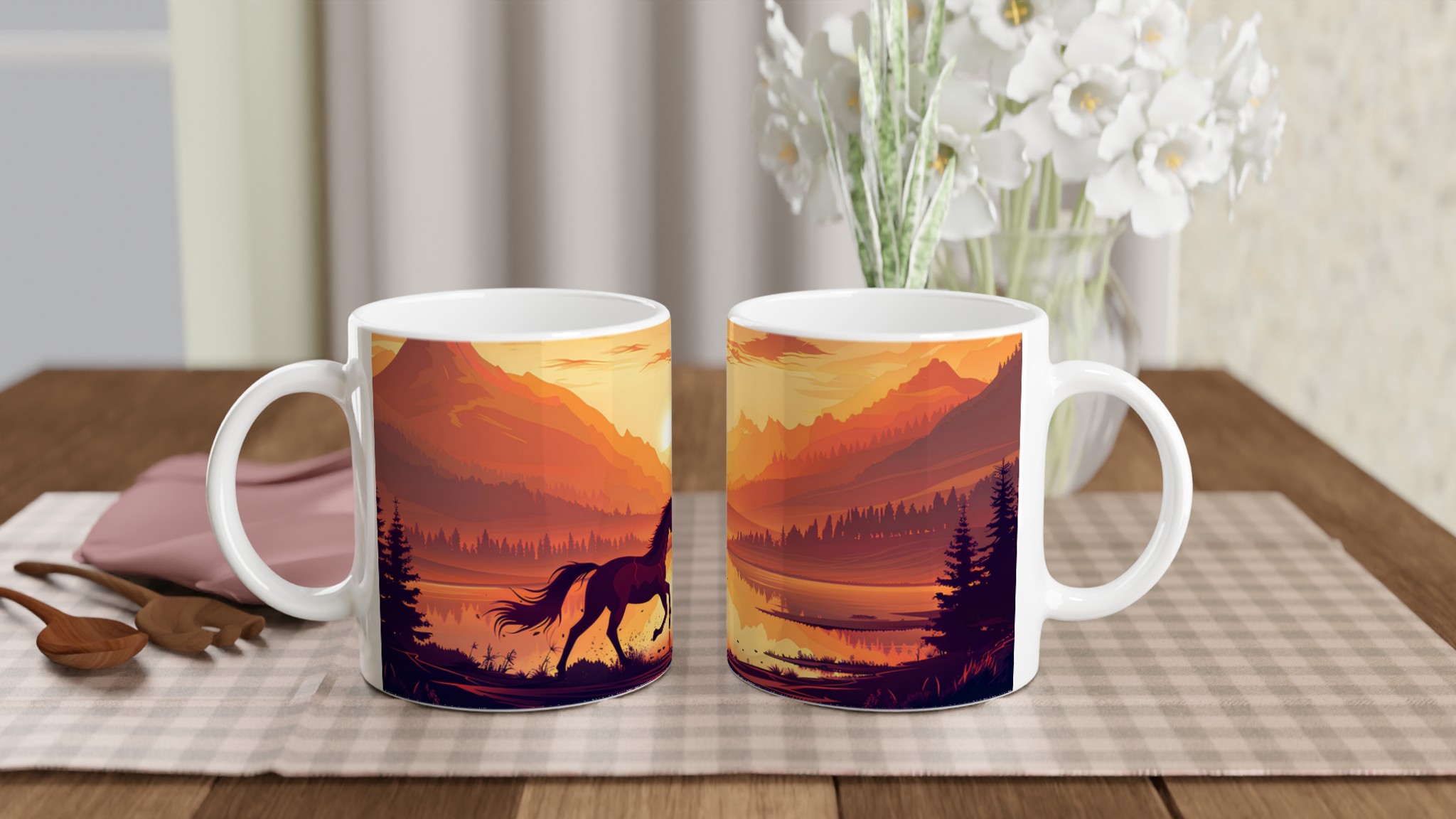 Vildhäst vid Solnedgång Keramisk Mugg - 11oz Konstnärlig Design i Ditt Val av Färg 10 351e2a63-8156-4a74-9582-5b9701e041a6
