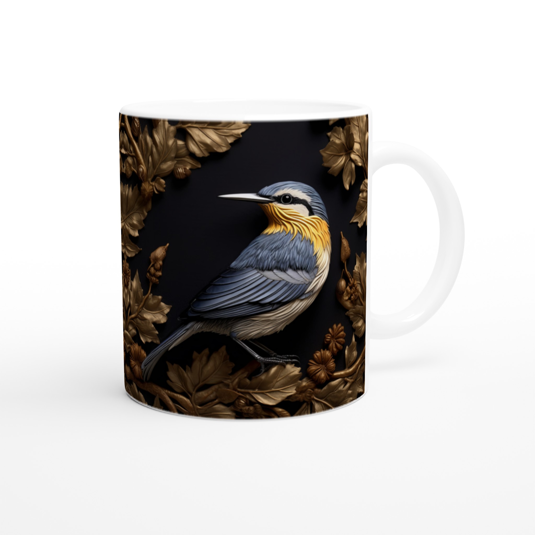 Lyxig Fågelkonst Mugg – Gyllene Löv & Blå/Gul Dekorativ Keramisk Mugg 9 358cc450-5232-4382-8dc8-249f1e7dc701