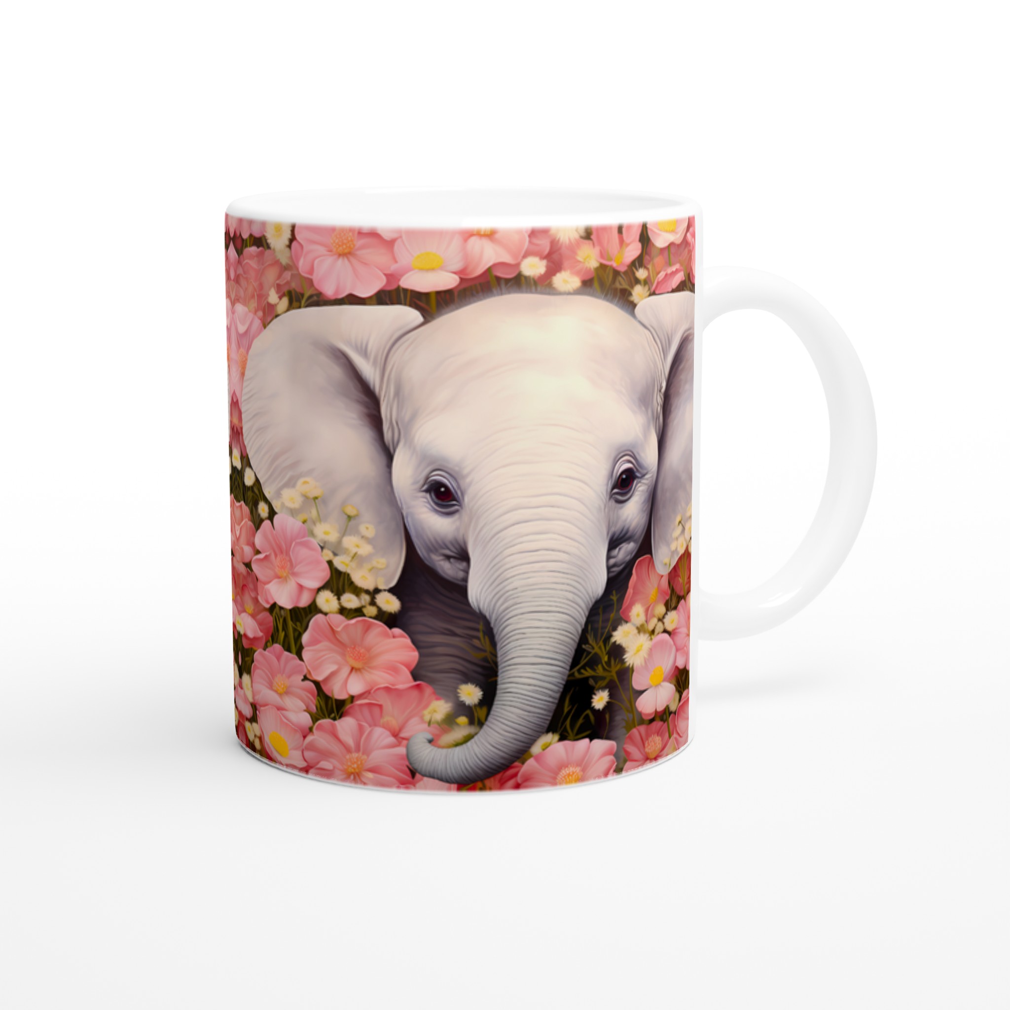 Söt Elefant Bland Rosa Blommor – 11oz Keramikmugg i ditt val av färg 9 359b6fef-7182-4eed-9a72-197b4a98dc4c