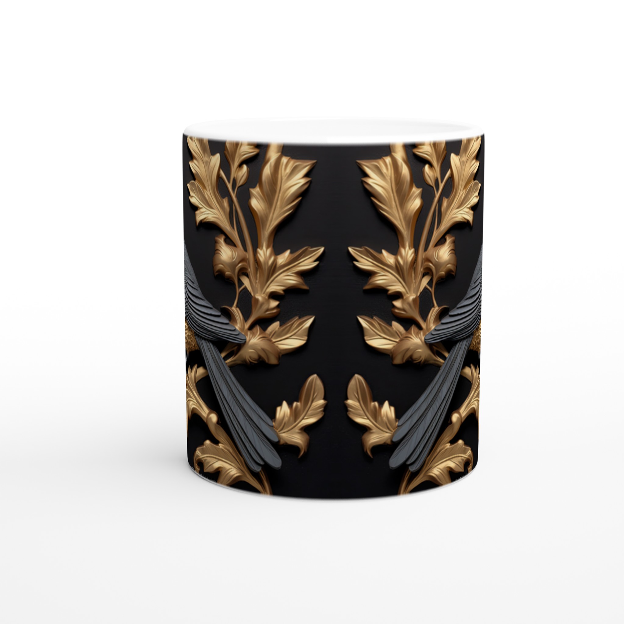 Vit 11oz keramisk mugg med elegant fågel- och lövdesign i guld och grått – välj din favoritfärg 8 374daa7d-2689-4aa3-8a3c-8080b1f5e93f