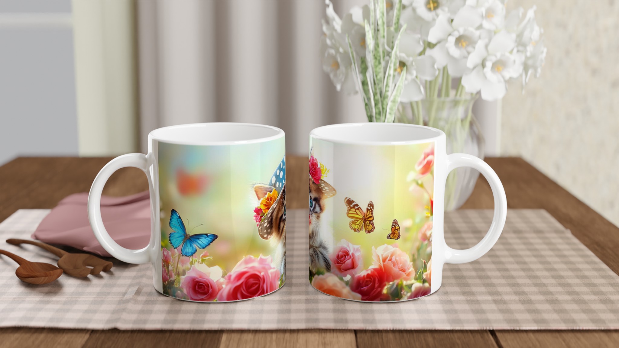 Söt kattunge i trädgård keramisk mugg – charmiga blommor och fjärilar – Välj din favoritfärg! 10 3a2fccfb-c8fa-4e29-a57a-1fc445c70120