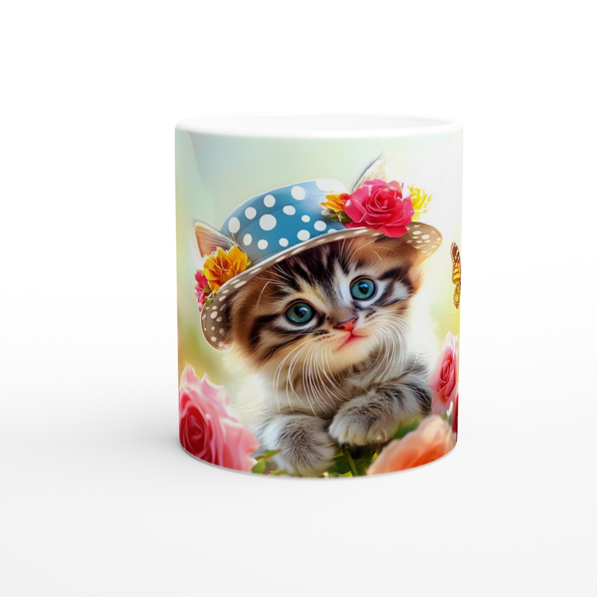 Söt kattunge i trädgård keramisk mugg – charmiga blommor och fjärilar – Välj din favoritfärg! 8 3a3ef92a-f65e-4bed-aa76-94f5b00a510d