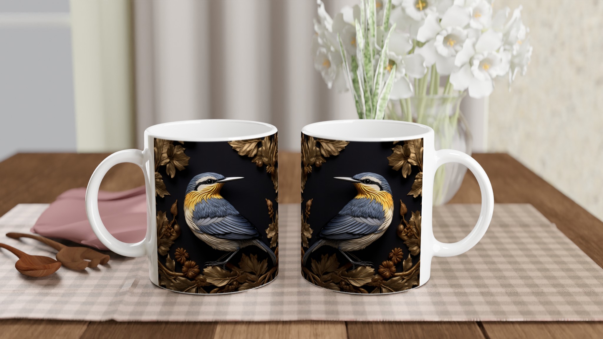 Lyxig Fågelkonst Mugg – Gyllene Löv & Blå/Gul Dekorativ Keramisk Mugg 10 3f1526eb-f6bf-46e3-9057-f1e6368672c6