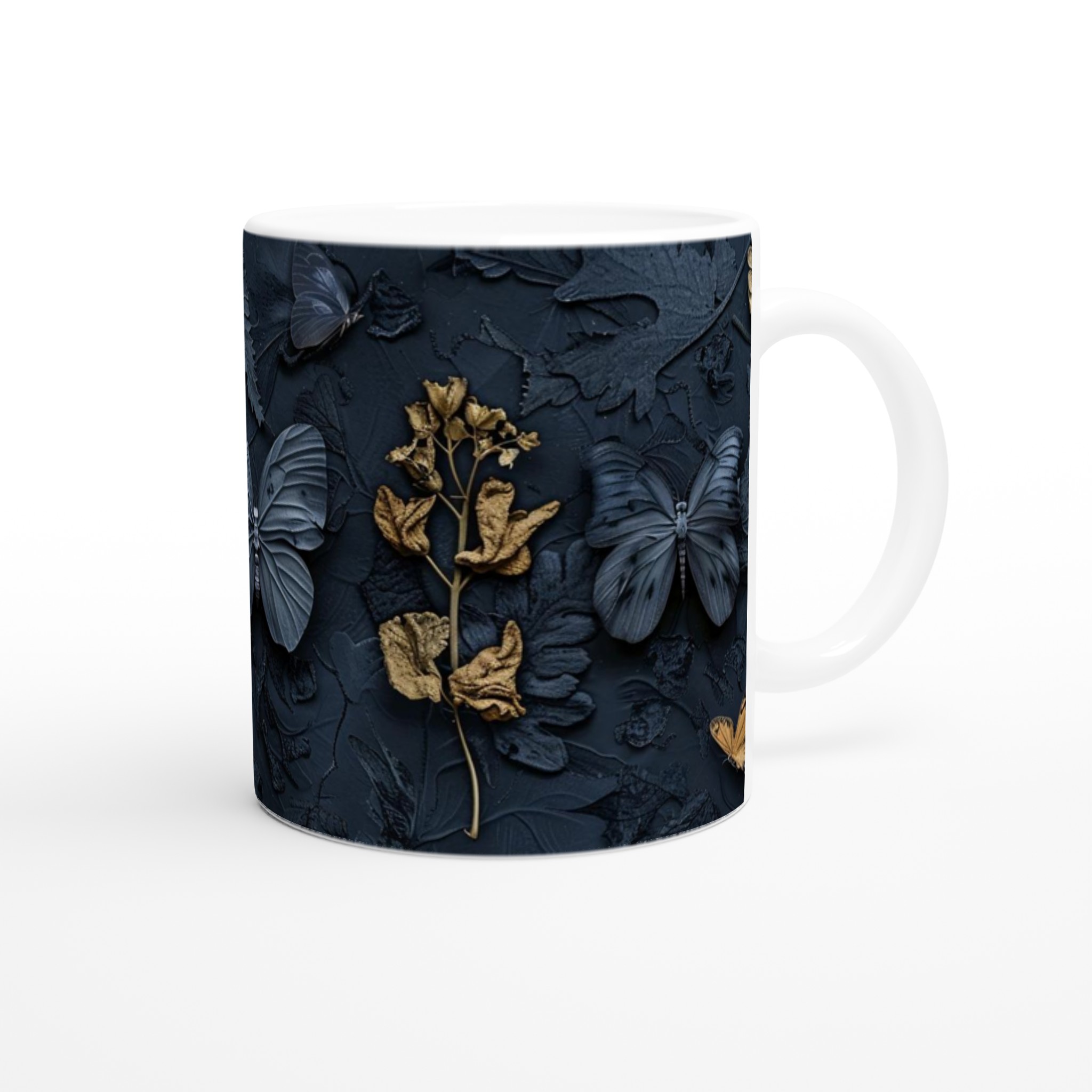 Elegant Vit 11oz Keramisk Mugg med Stilfull Mörk Blå & Gyllene Naturdesign – Finns i Flera Färger 9 3f8d9669-7132-4c42-845e-506765d1779c