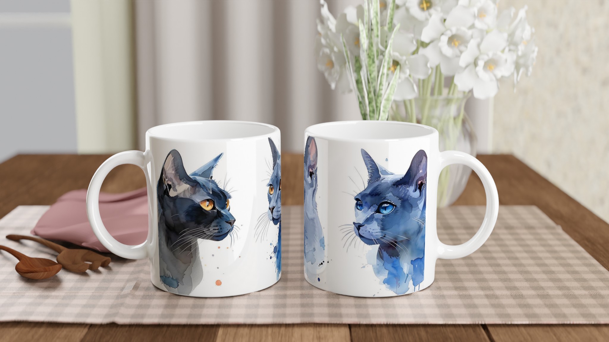 Akvarell Kattmugg - Blå Nyanser med Guld- & Blå Ögon - 11oz Keramisk Mugg 10 404d6eba-f851-49d7-bf0b-2e29ed778ec7