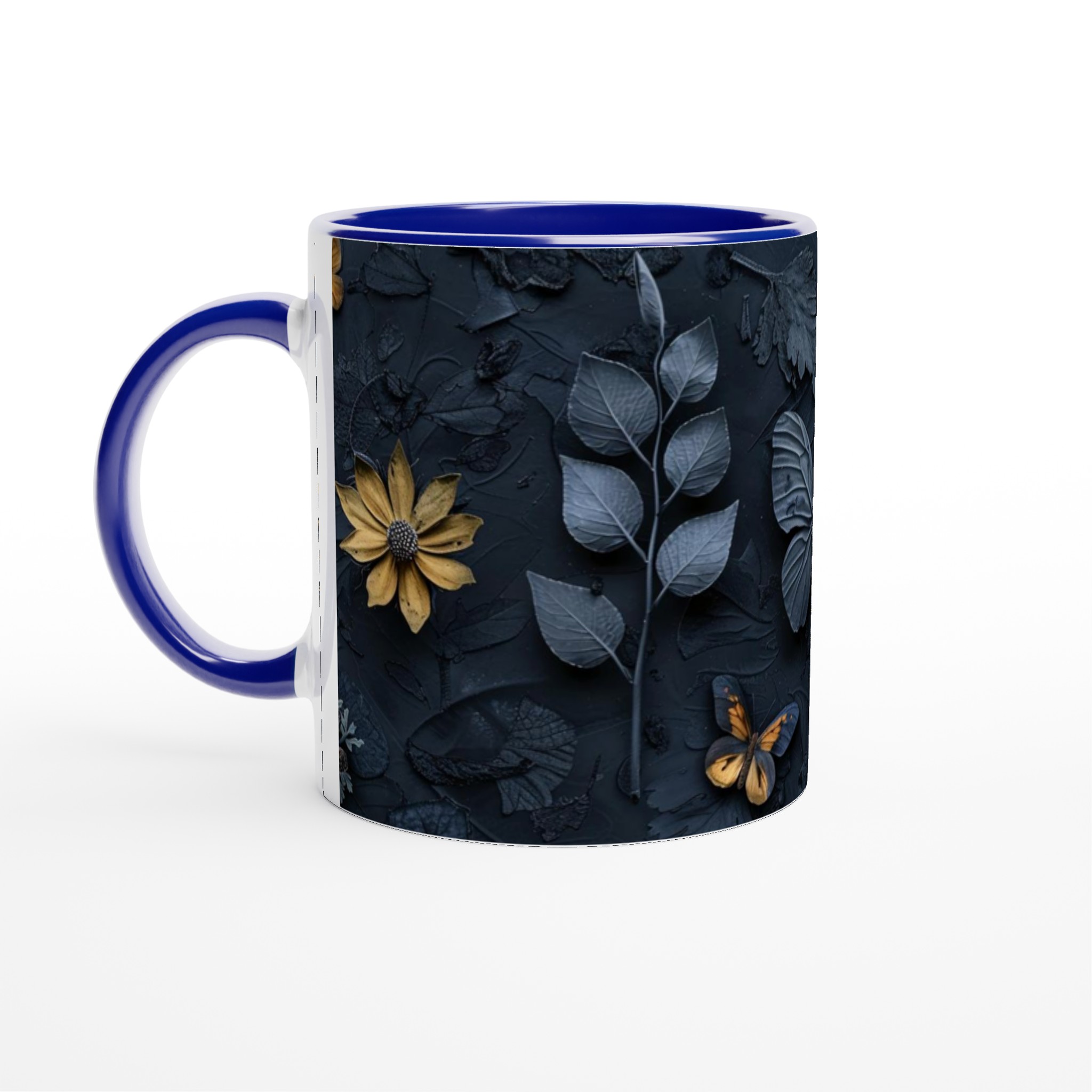 Elegant Vit 11oz Keramisk Mugg med Stilfull Mörk Blå & Gyllene Naturdesign – Finns i Flera Färger 4 453cc558-b6fc-4a20-9fd6-66ebfc11bb15