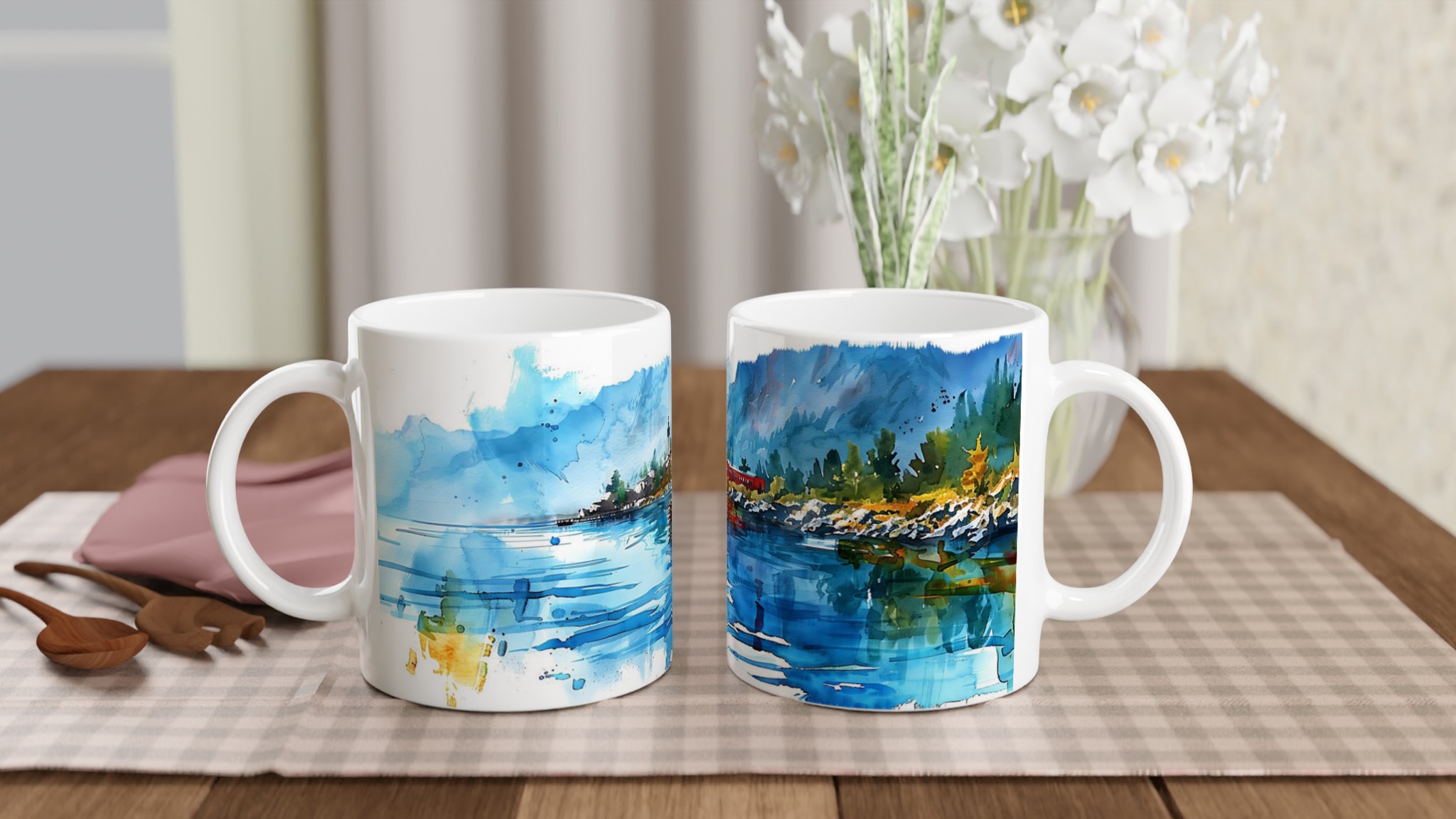 Akvarell Landskap Keramikmugg - Skandinavisk Fjord Konst för Kaffeälskaren, Välj bland 7 Färgstarka Nyanser 10 4670797f-487d-455d-98b5-71048a59739b