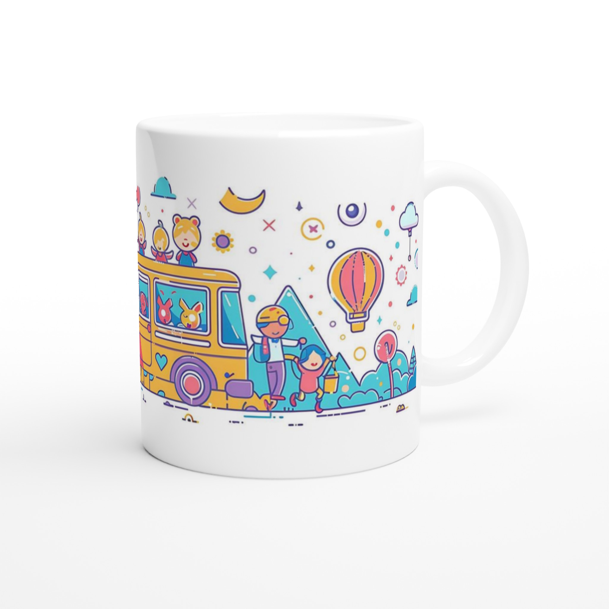 Äventyrsmugg: Lekfulla figurer & ballonger i pastellfärger – 11 oz keramikmugg för kaffe och te 10 46b9e533-6559-44ea-80cd-31d66764a8eb