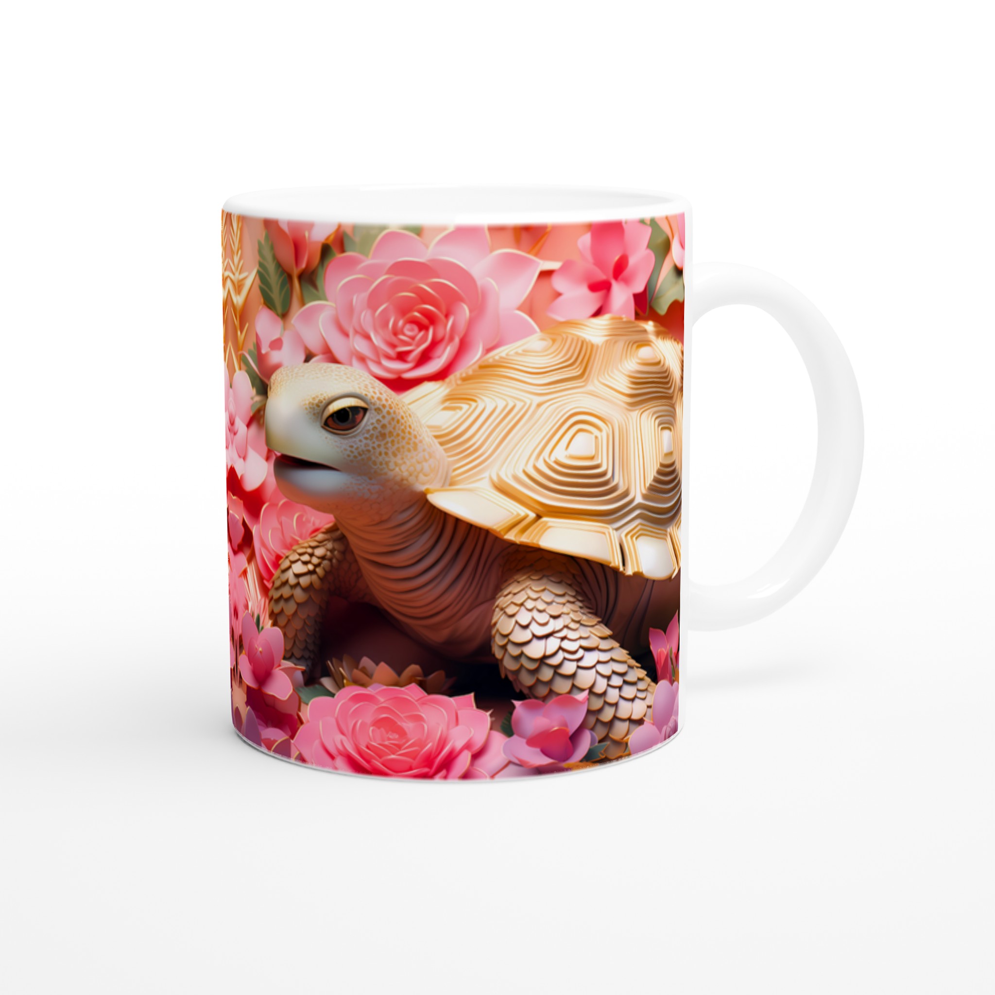 Lyxig Sköldpaddsmugg: Gulddetaljer & Rosa Blommor – 11oz Keramikmugg i Valfri Färg 9 49862b68-97af-43b7-83d7-570ff976fa83
