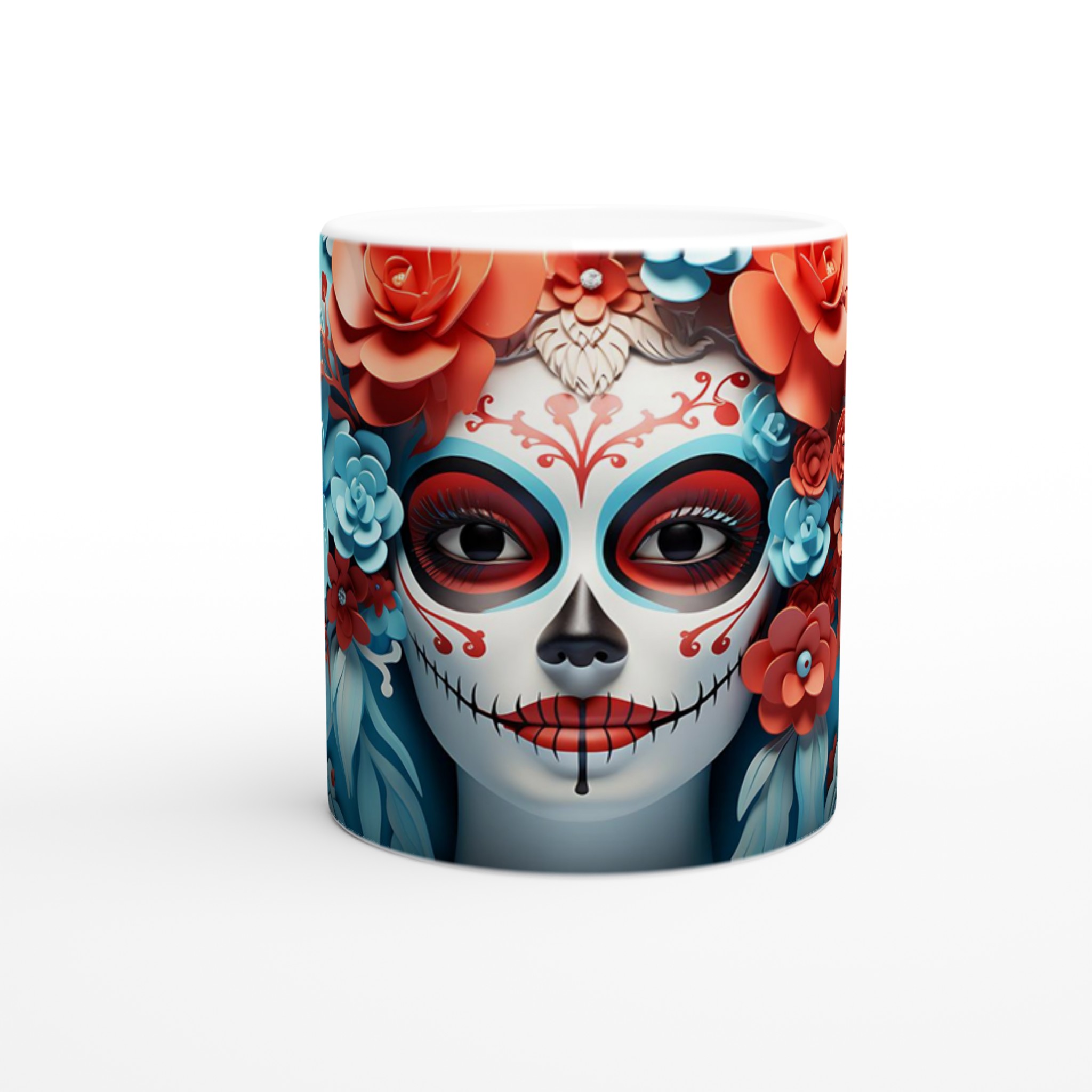 Dia de los Muertos Sugar Skull Mugg - Livlig Design i Blått & Korall, 11oz Keramikmugg för Festliga Stunder 8 49f2fa54-851e-4458-86a8-88f9df28120c