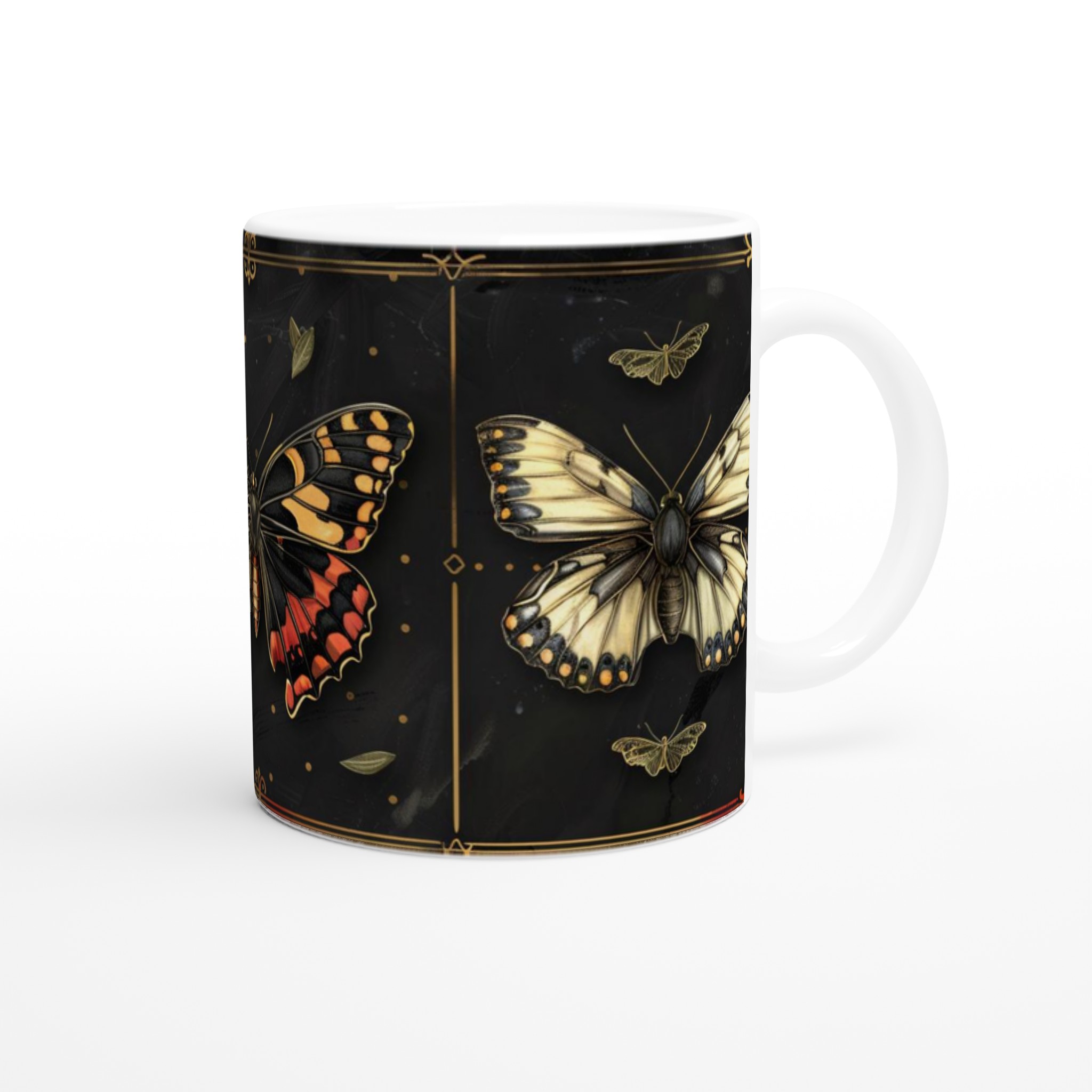 Vit 11oz keramisk mugg med elegant fjärilsdesign i sofistikerade färger 10 4ac7fc1f-dca9-4bd7-b464-d80fb14da9d3